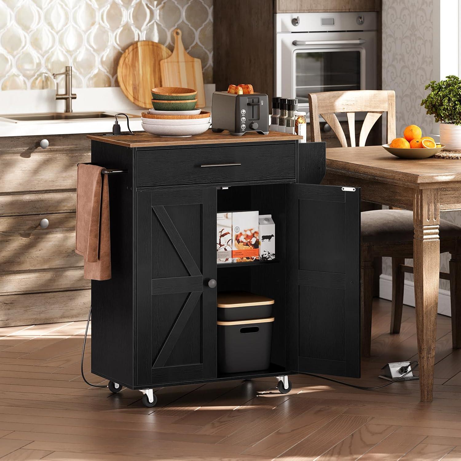 Rustic Brown and Black Rolling Kitchen Island with Power Outlet