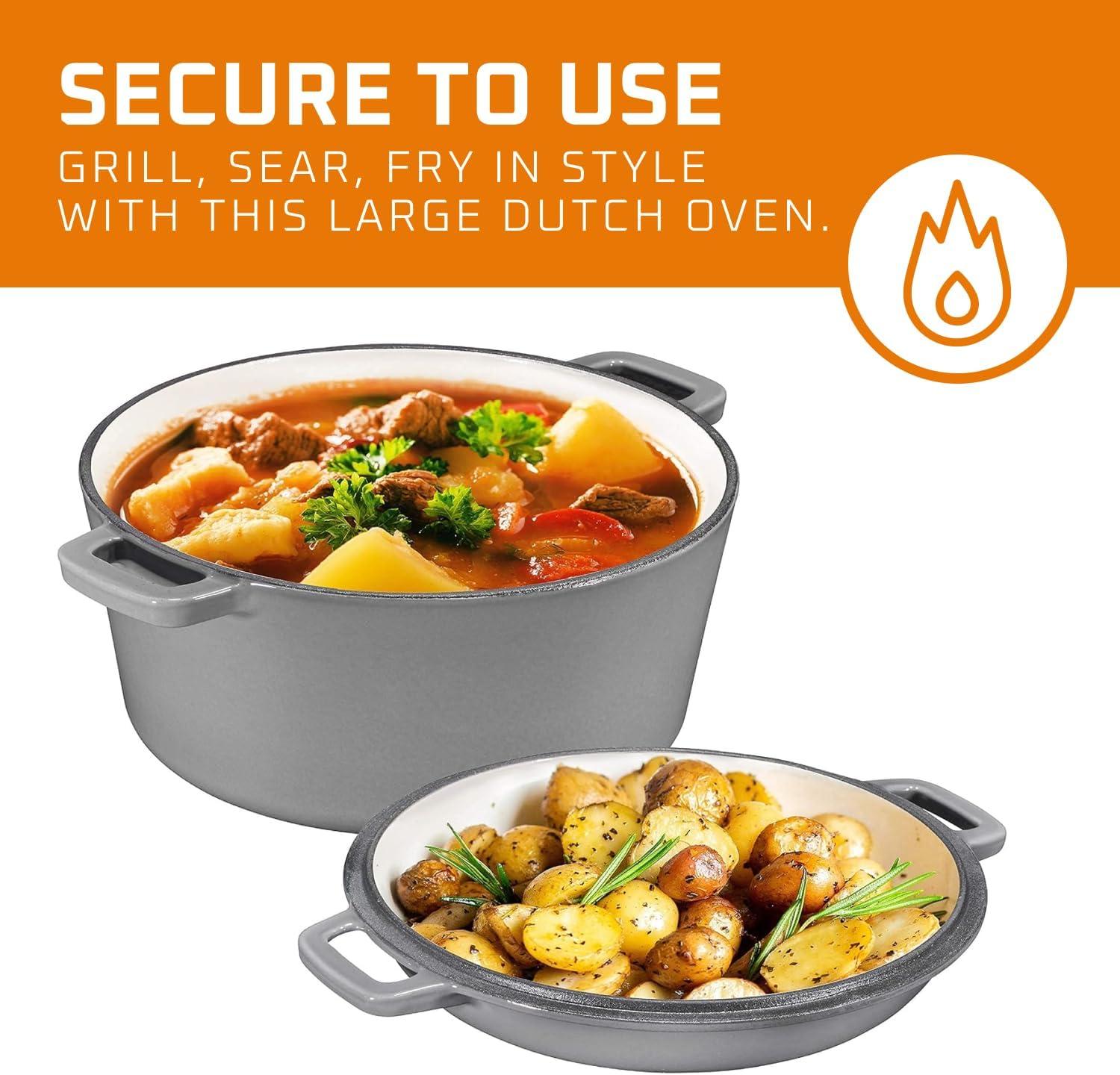 Bruntmor 2-in-1 Gray Enamel Cast Iron Dutch Oven & Skillet Set, 5 Quarts | All-in-One Cookware for Induction, Electric, Gas, Stovetop & Oven