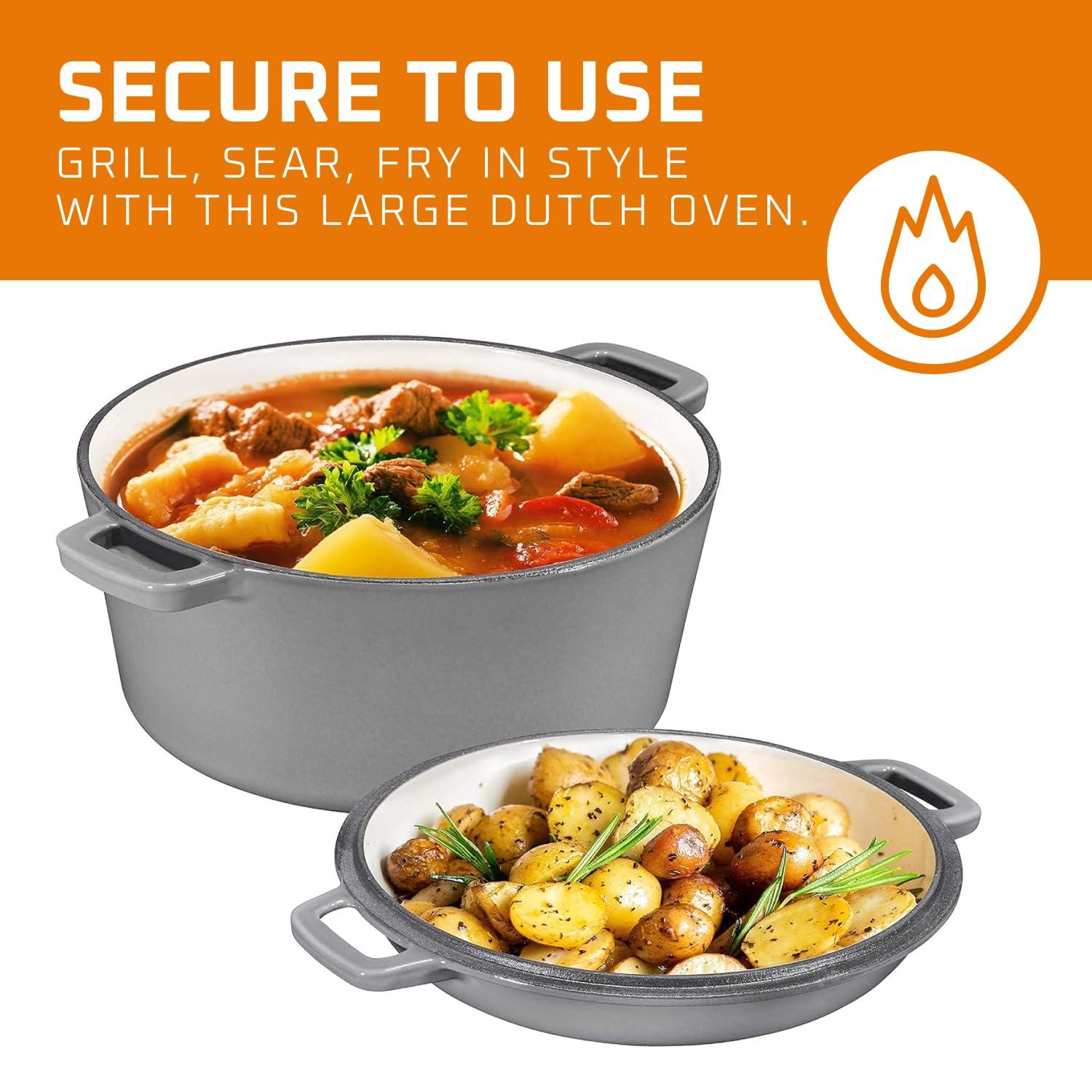 Bruntmor 2-in-1 Gray Enamel Cast Iron Dutch Oven & Skillet Set, 5 Quarts | All-in-One Cookware for Induction, Electric, Gas, Stovetop & Oven