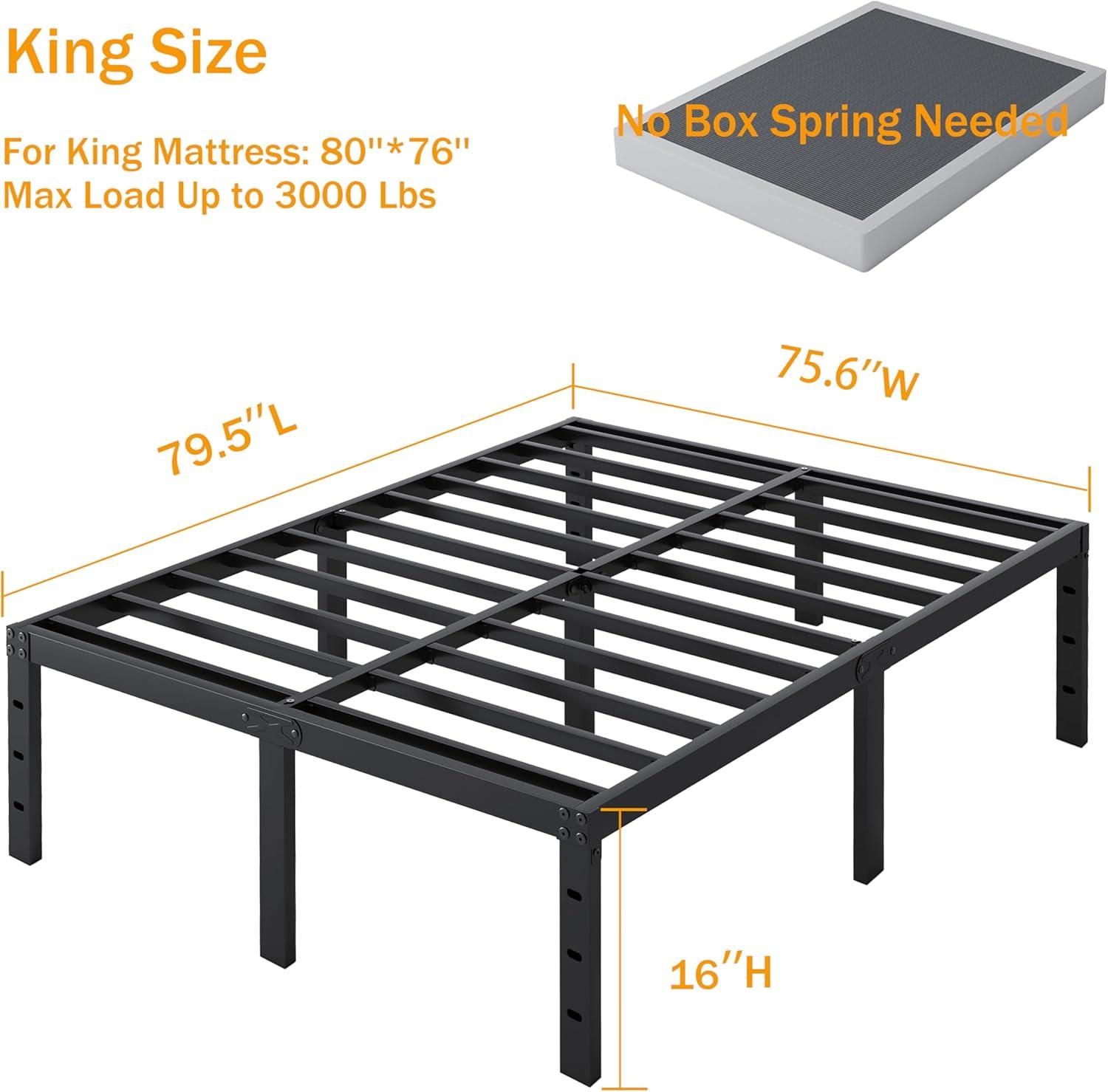 King Black Metal Frame 16 Inch Platform Bed with Storage