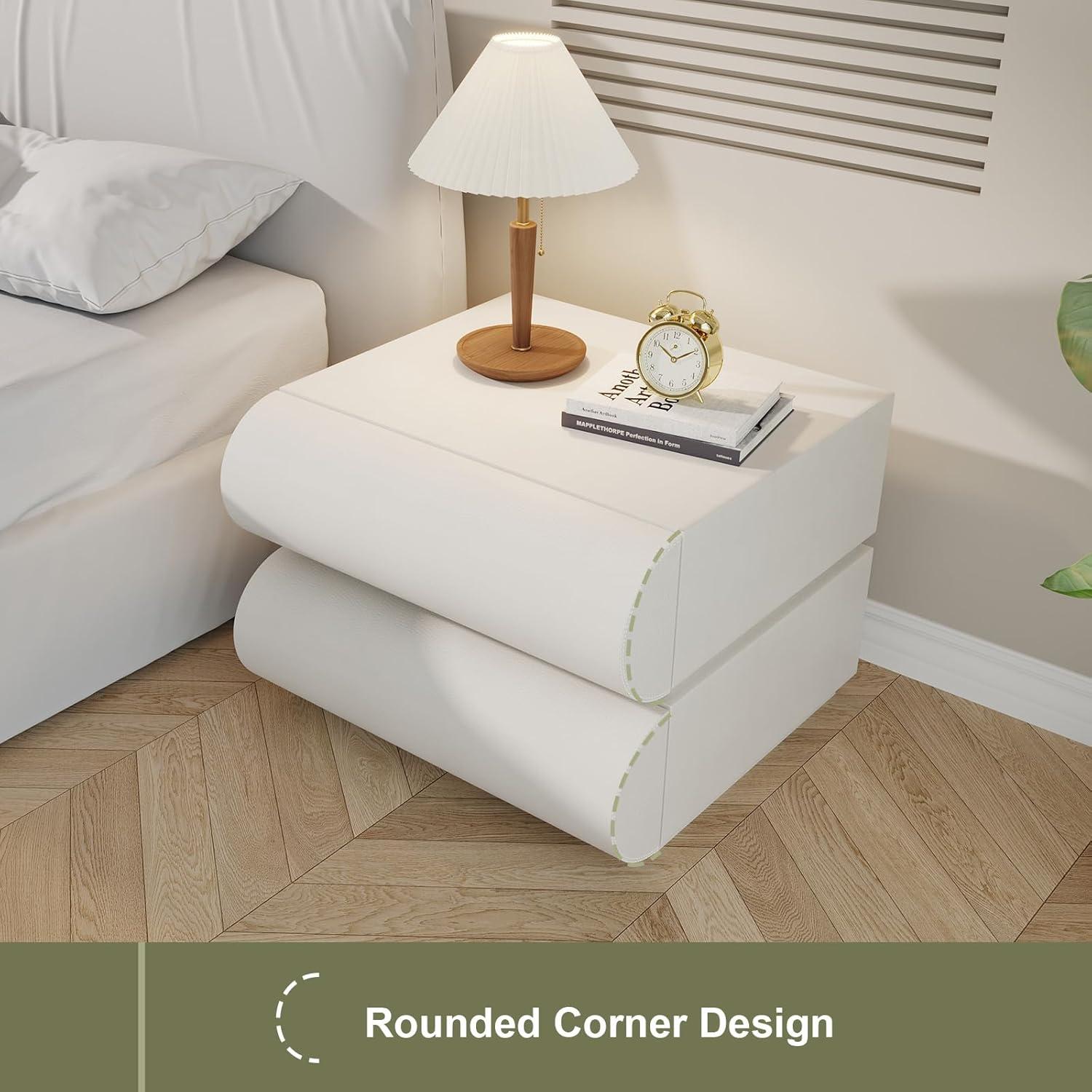 Wrought Studio™ Hasya White Nightstand with 2 Solid Wood Drawers, Leather Bedside Table for Bedroom, No Assembly Required