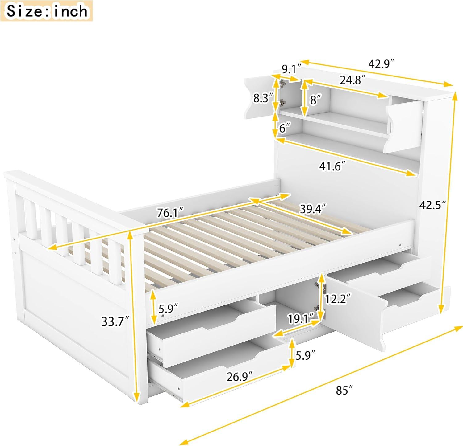 White Twin Wood Platform Bed with Bookcase Headboard and Storage Drawers