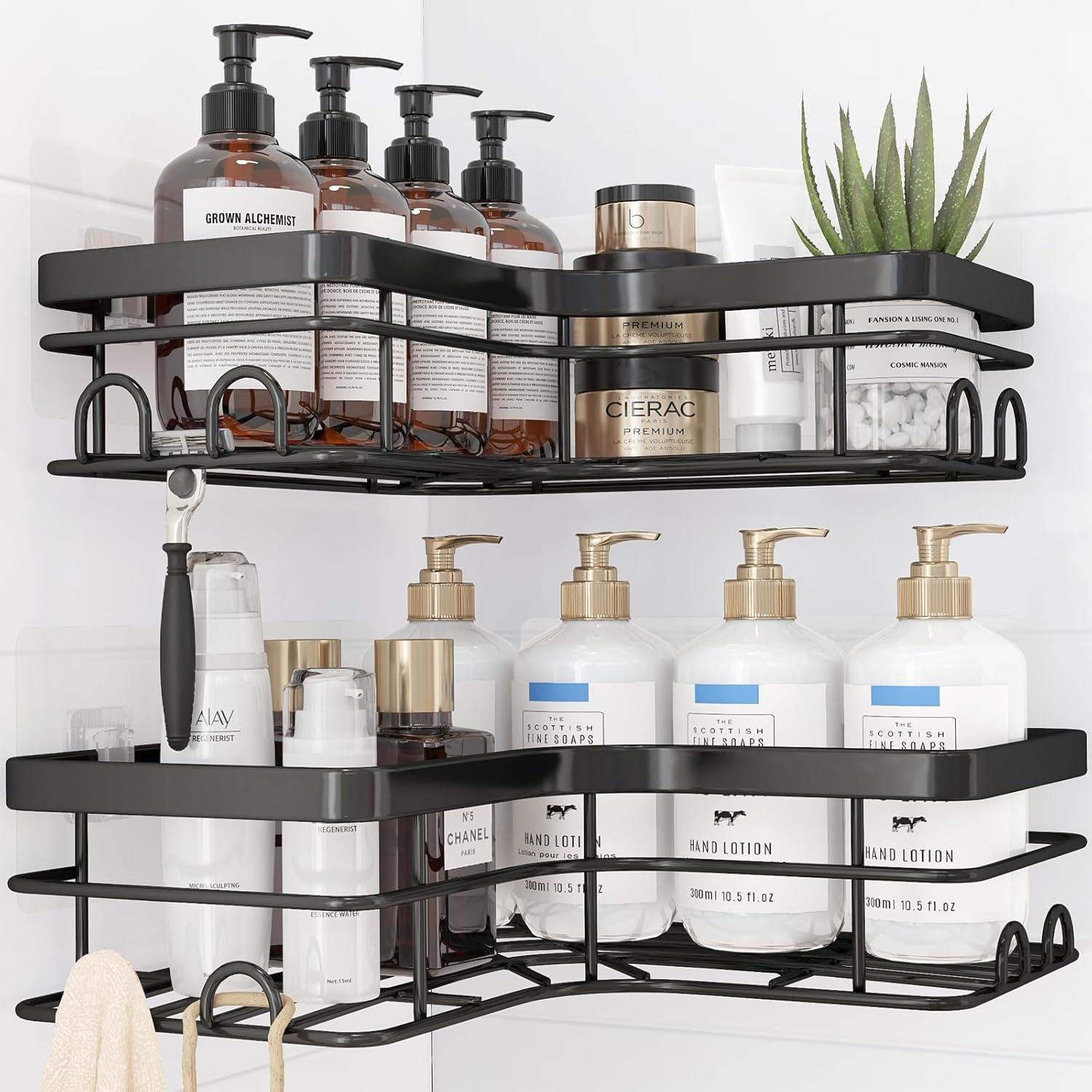 Black Stainless Steel Adhesive Corner Shower Caddy with Hooks