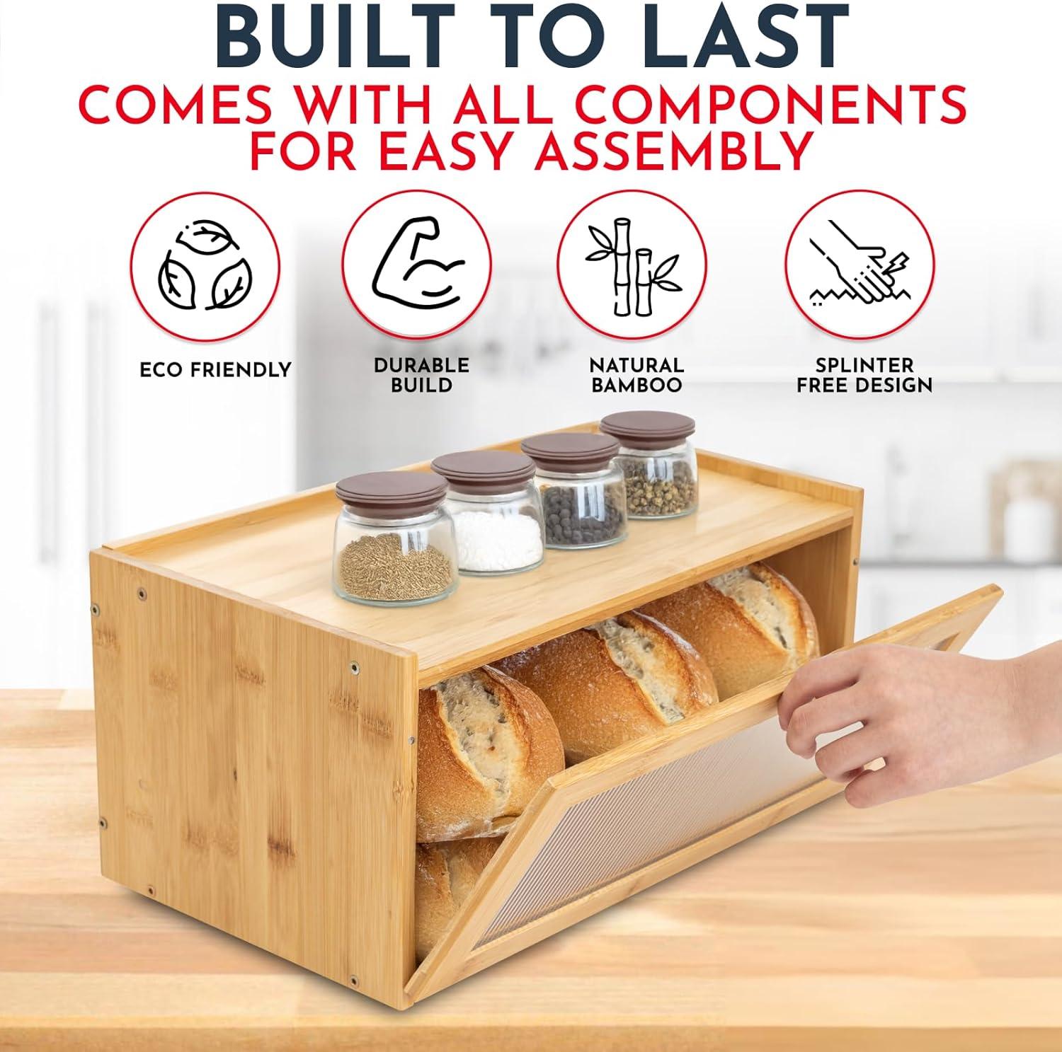 Culinary Couture Bamboo Bread Box for Kitchen Countertop - Large Capacity Storage BreadBox for Homemade Bread with Acrylic Window and Extra Top Storage