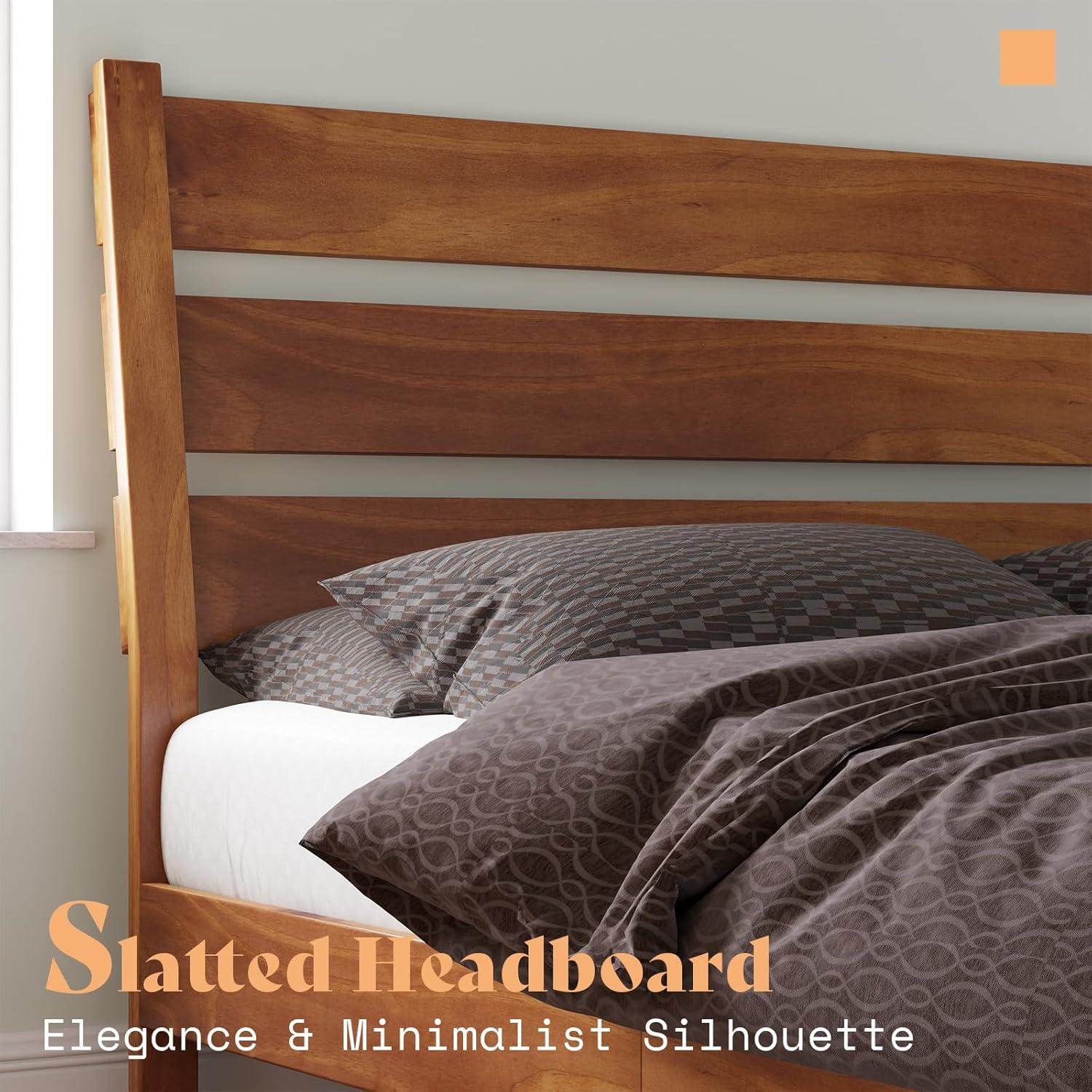 Solid Wood Bed Frame with Reclining Slatted Headboard