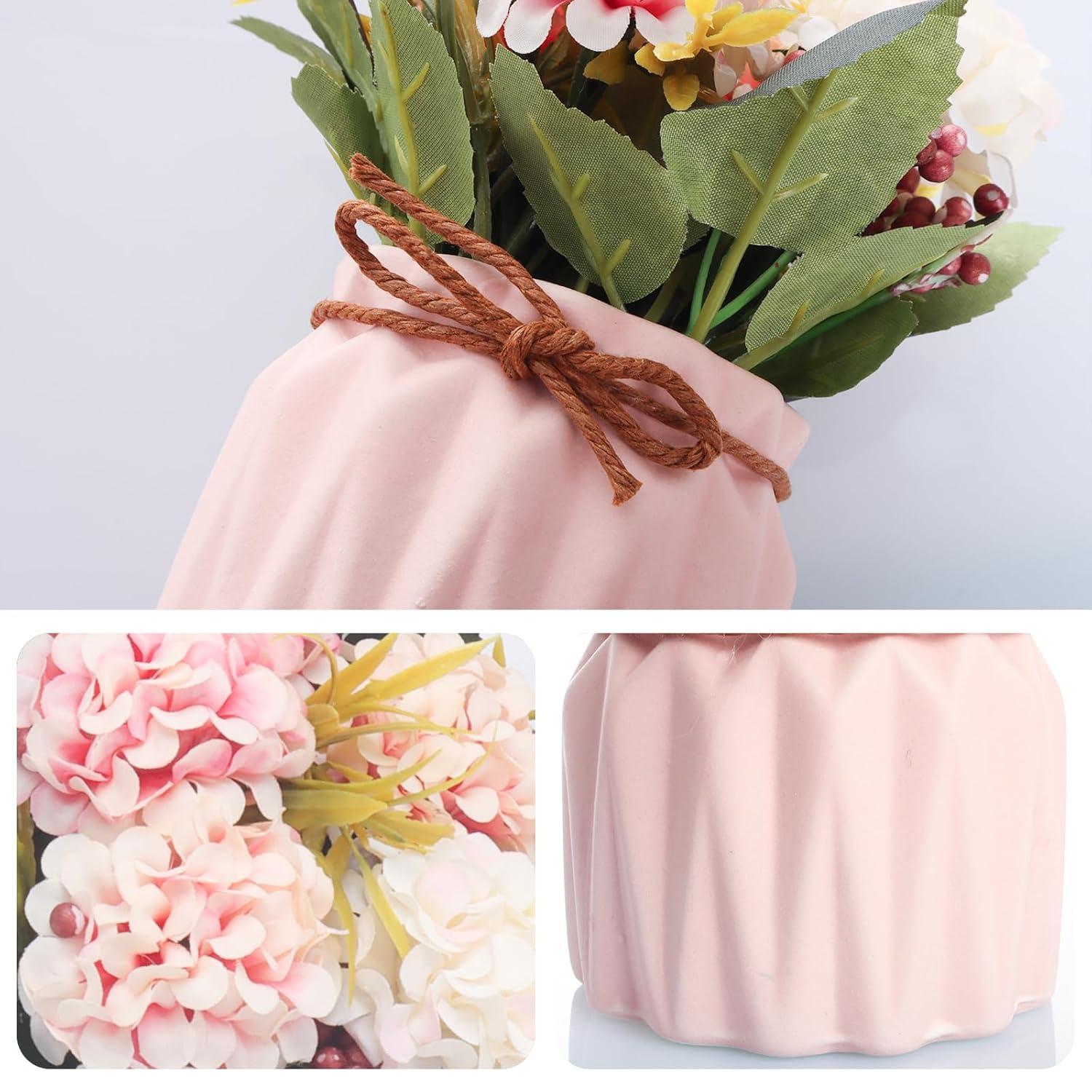 Artificial potted flowers, small ceramic vases fake flower plants for home and office interior tabletop decoration, artificial flower hydrangeas - Pink