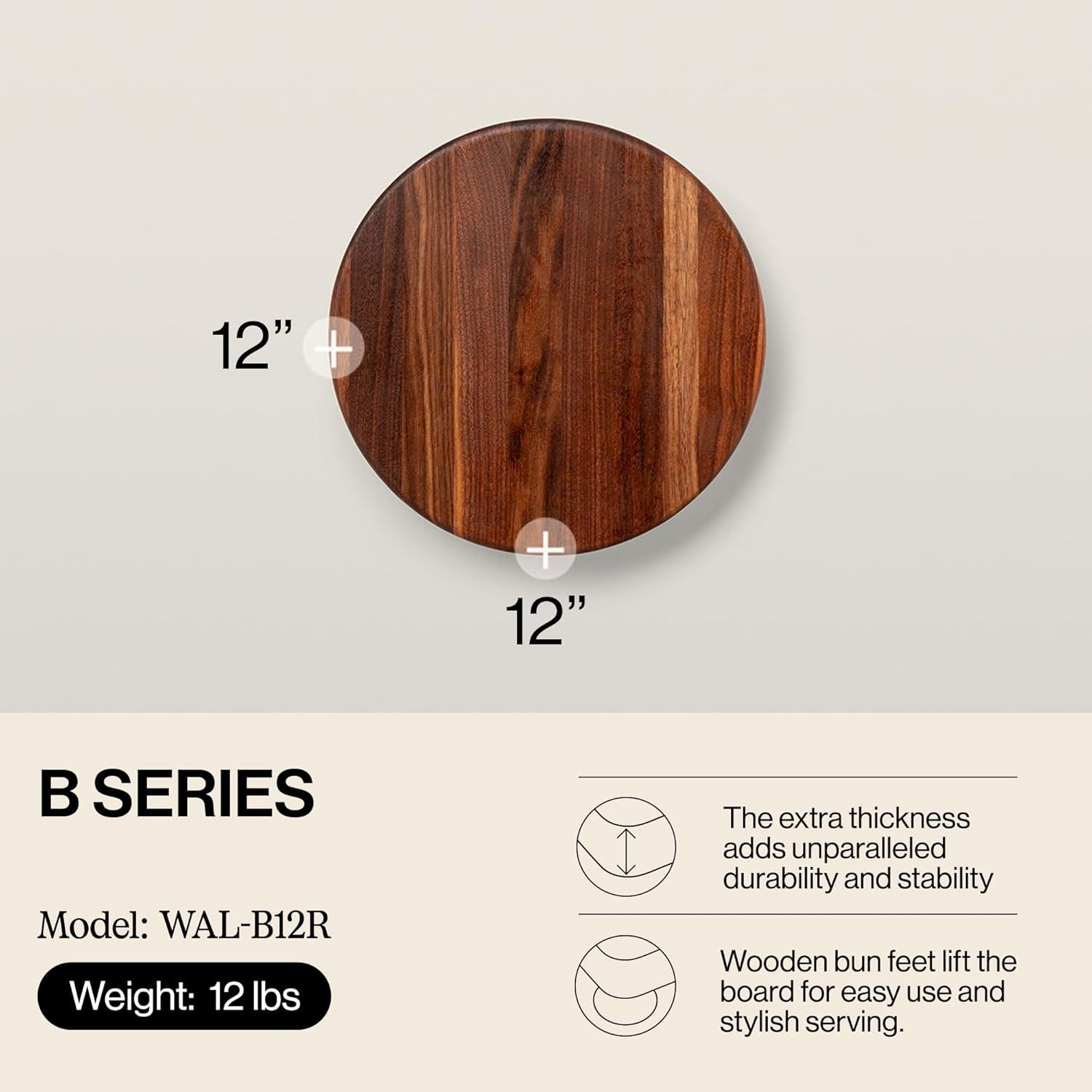 Gift 1.5" Edge Grain Walnut 12" Round Cutting Board with Wood Feet