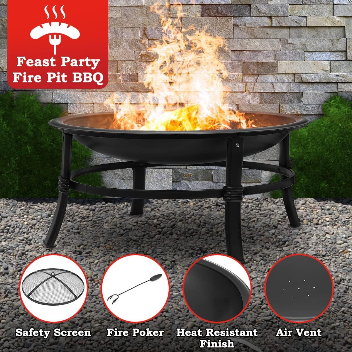 KingSo 26 inch Fire Pit for Outdoor Round Wood Burning Fire Pit Bowl for Camping Picnic Bonfire Patio Outside Backyard Garden Small Bonfire Pit Steel Firepit Bowl with Mesh Screen and Fire Poker