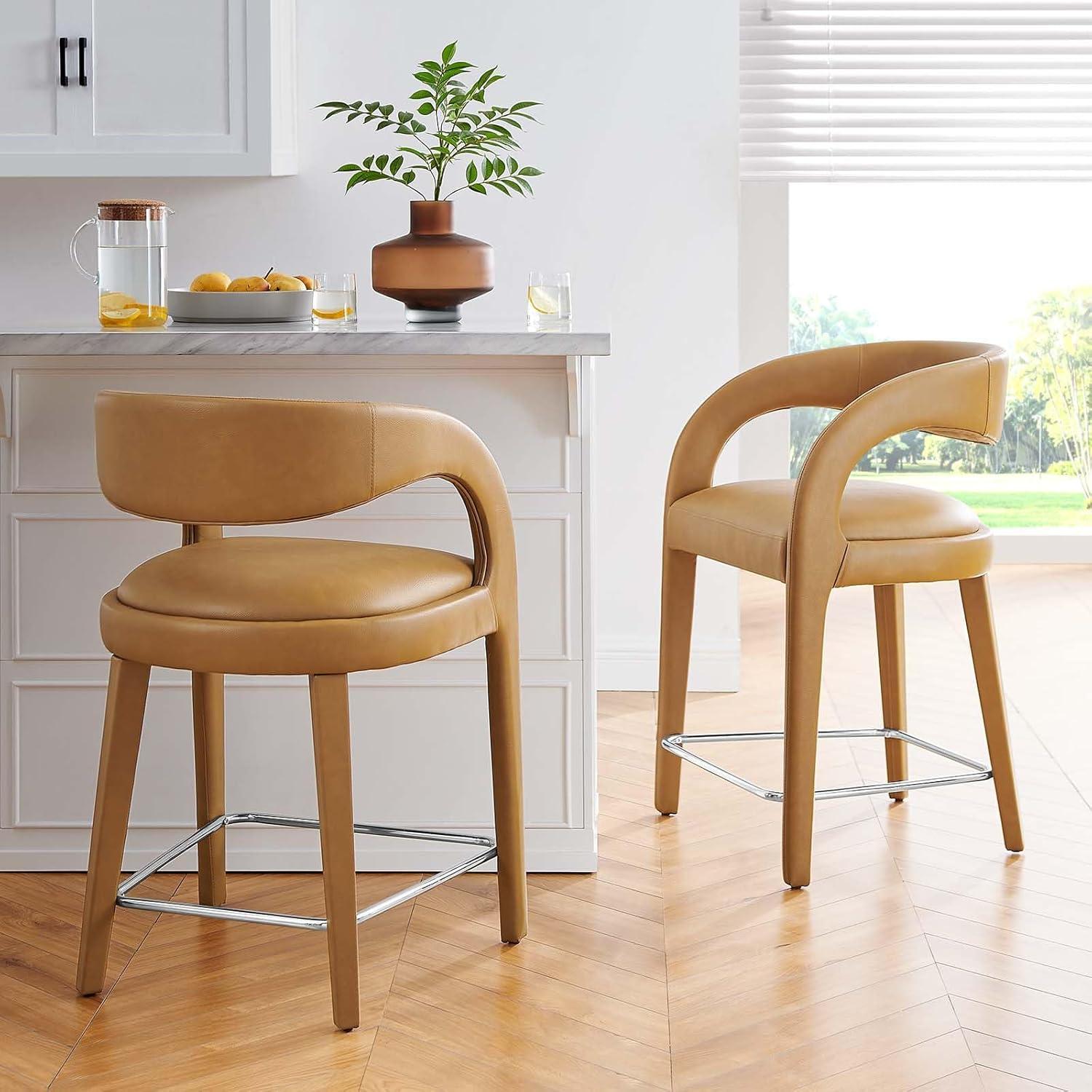 Tan Vegan Leather and Wood Counter Stool Set with Metal Footrest