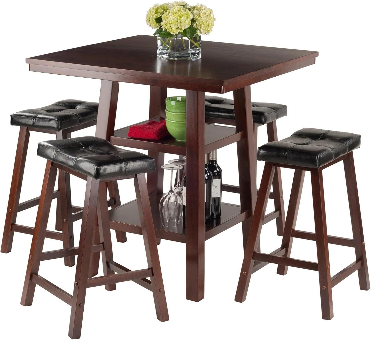 Walnut Square High Table & 4 Cushioned Stools Set with Storage Shelves