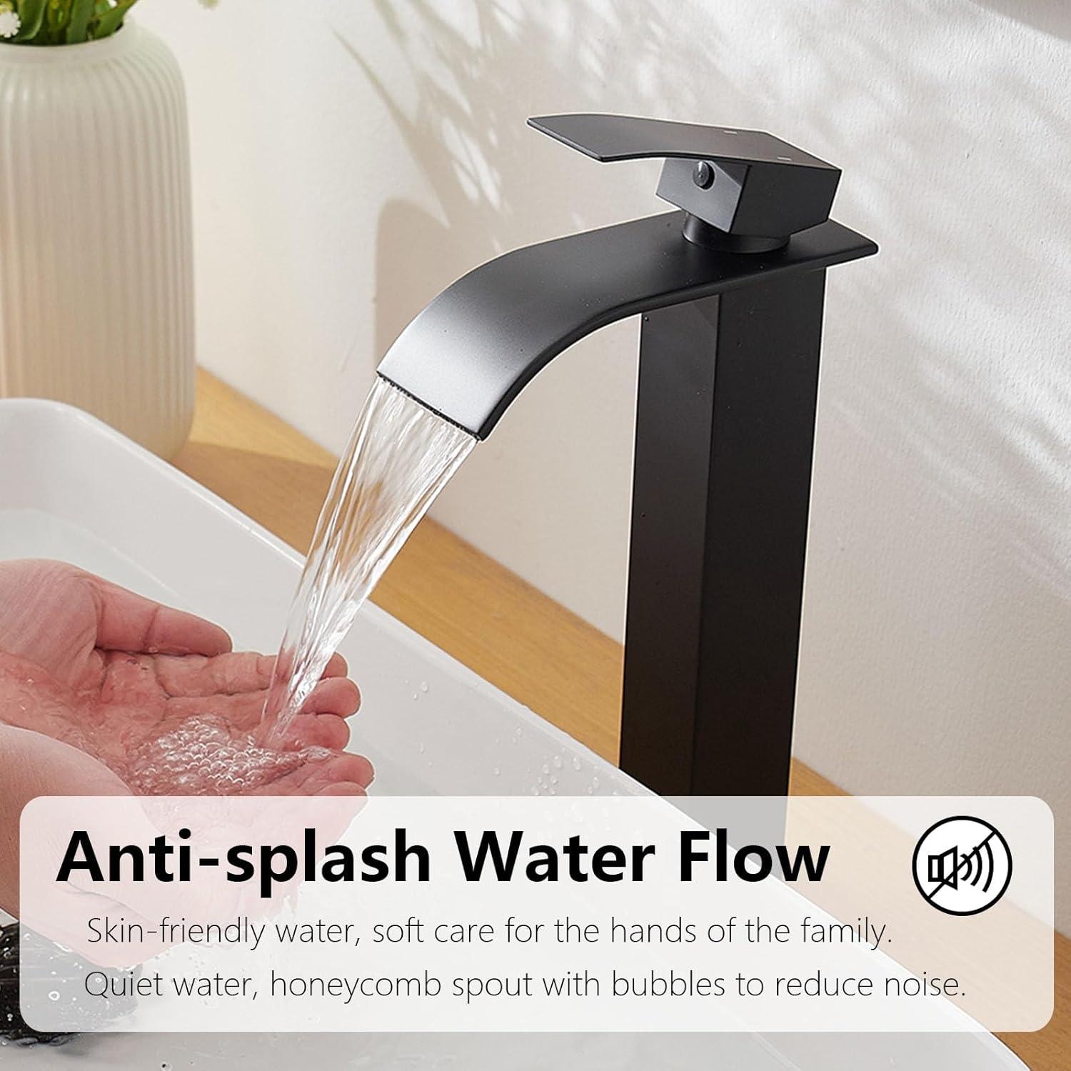 Waterfall Bathroom Faucet Single Handle，Bathroom Sink Faucet 1 Hole，Waterfall Faucet for Bathroom Sink，Vessel Sink Faucet Matte Black Tall Bathroom Faucet