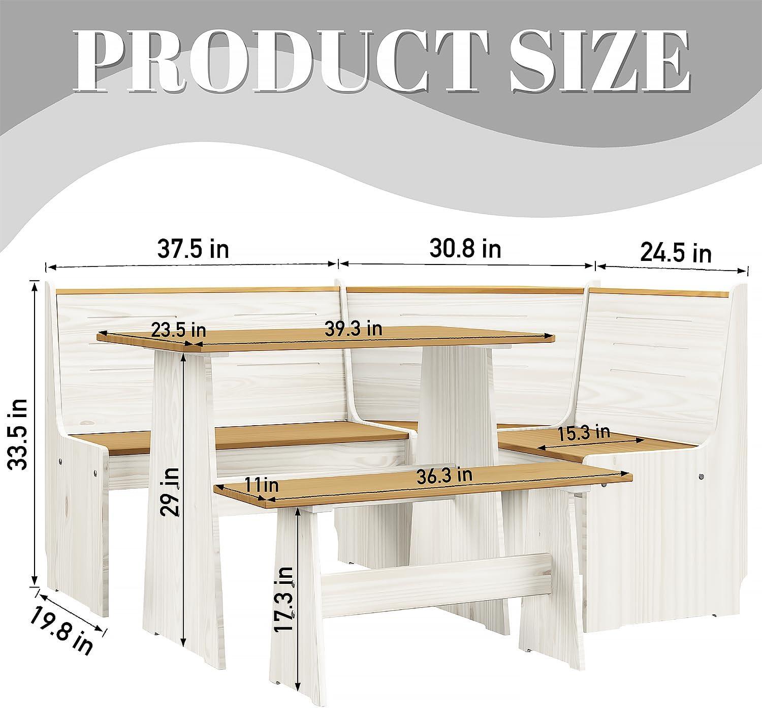 Breakfast Nook Corner Dining Table Kitchen Bench Chair Set, Space-Saving 3-5 People Seat Reversible L-Shape for Family Home White Wood