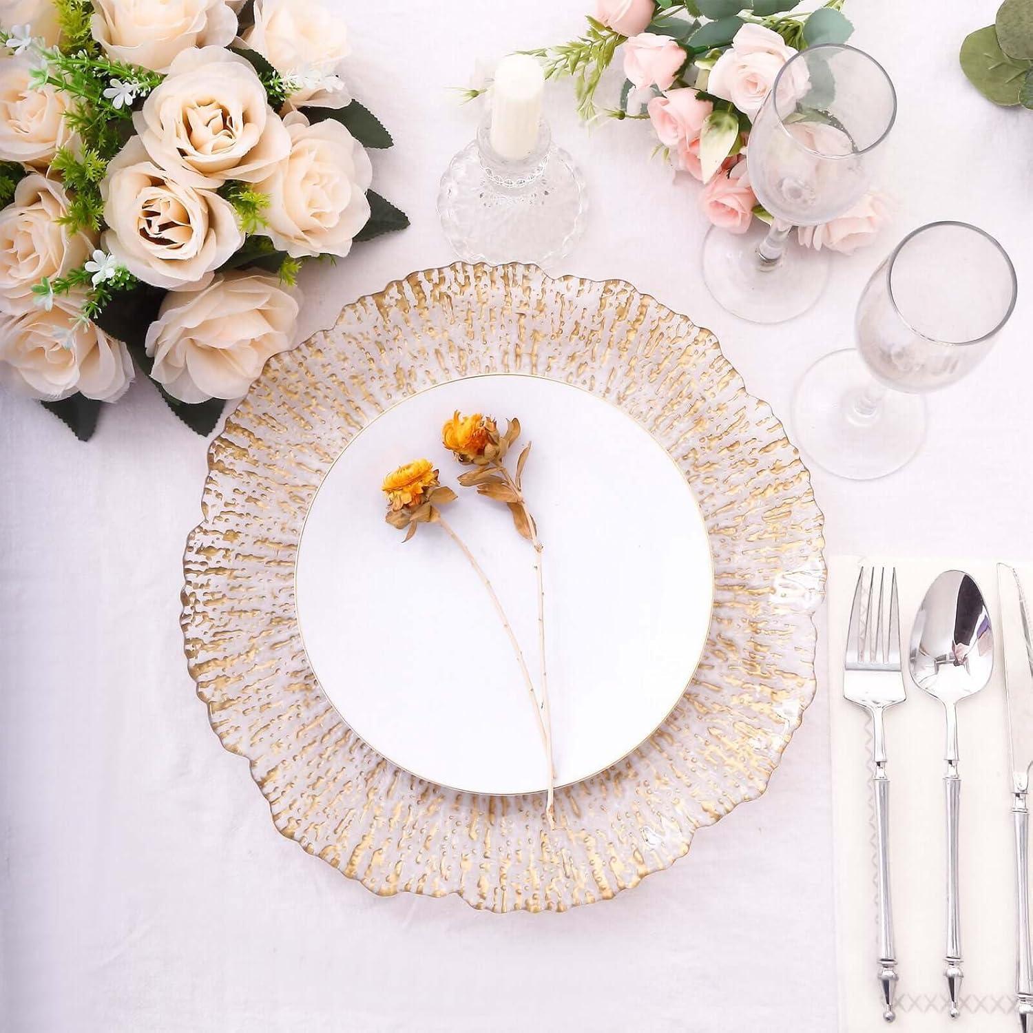 Efavormart 6 Pack Clear Plastic Charger Plates With Gold Reef Rim, 12" Round Scalloped Disposable Serving Plates