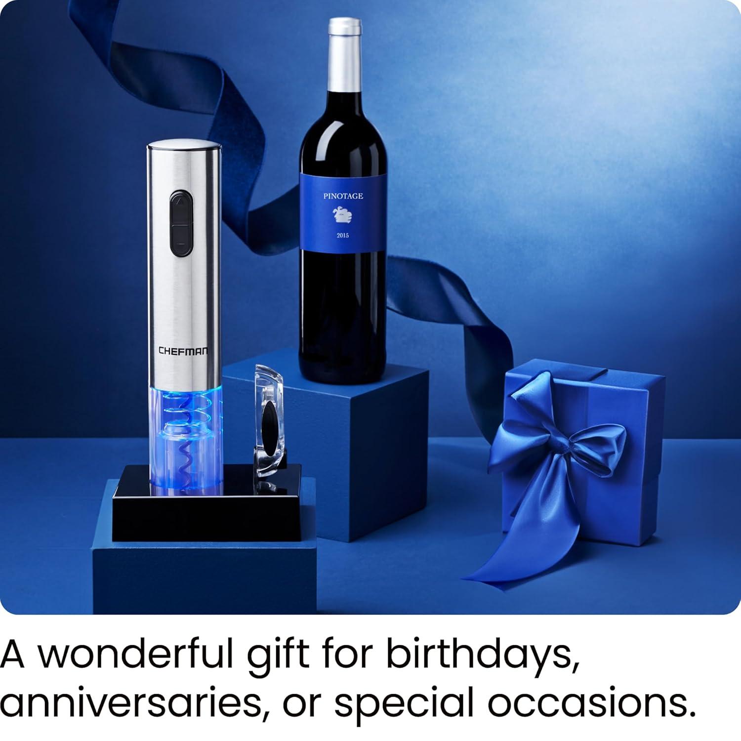 Chefman Electric Wine Opener w/ Foil Cutter, Rechargeable Battery - Stainless Steel, New