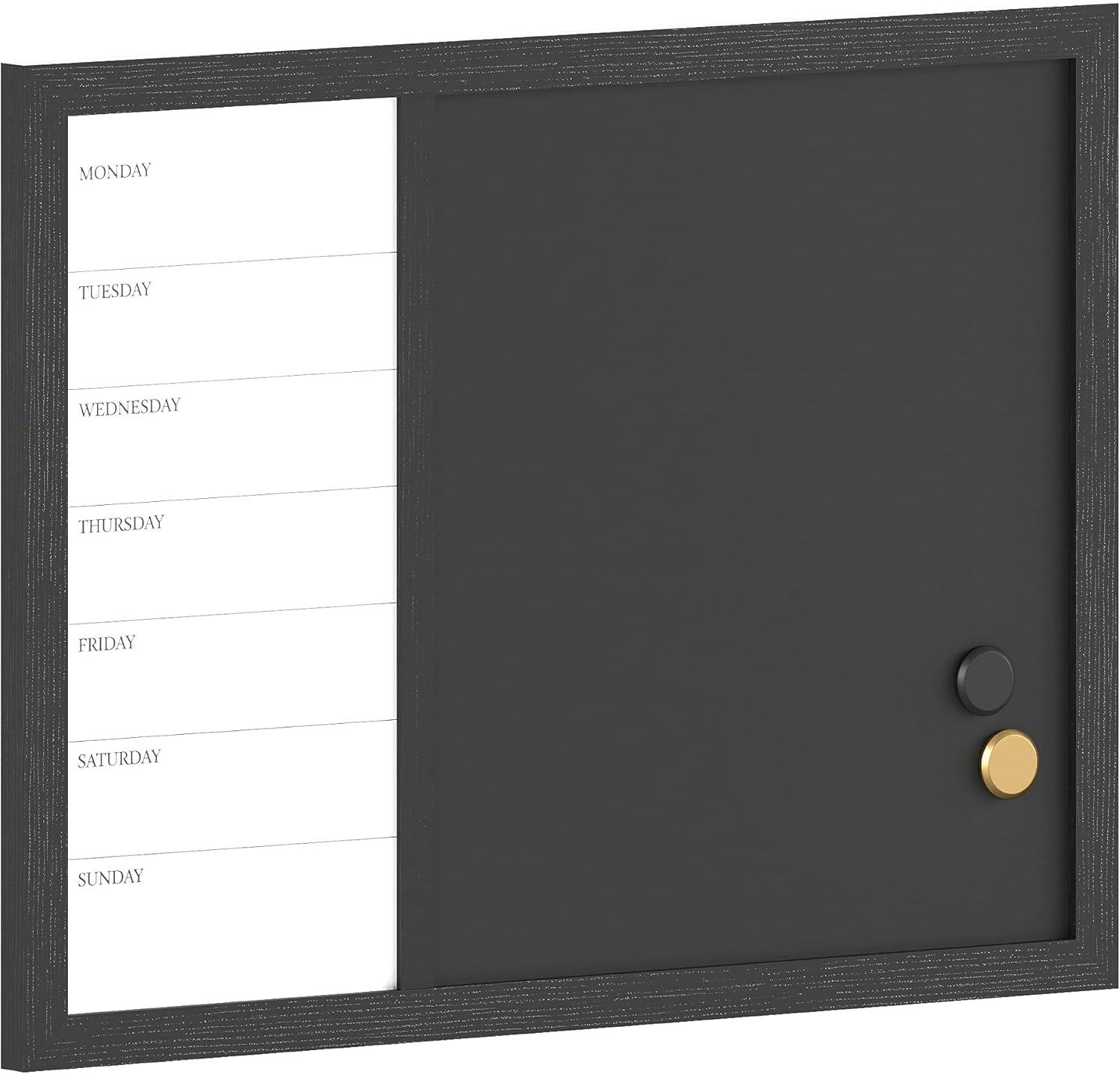 Black Woodgrain Magnetic Weekly Calendar Dry Erase and Chalk Board 24" x 18"