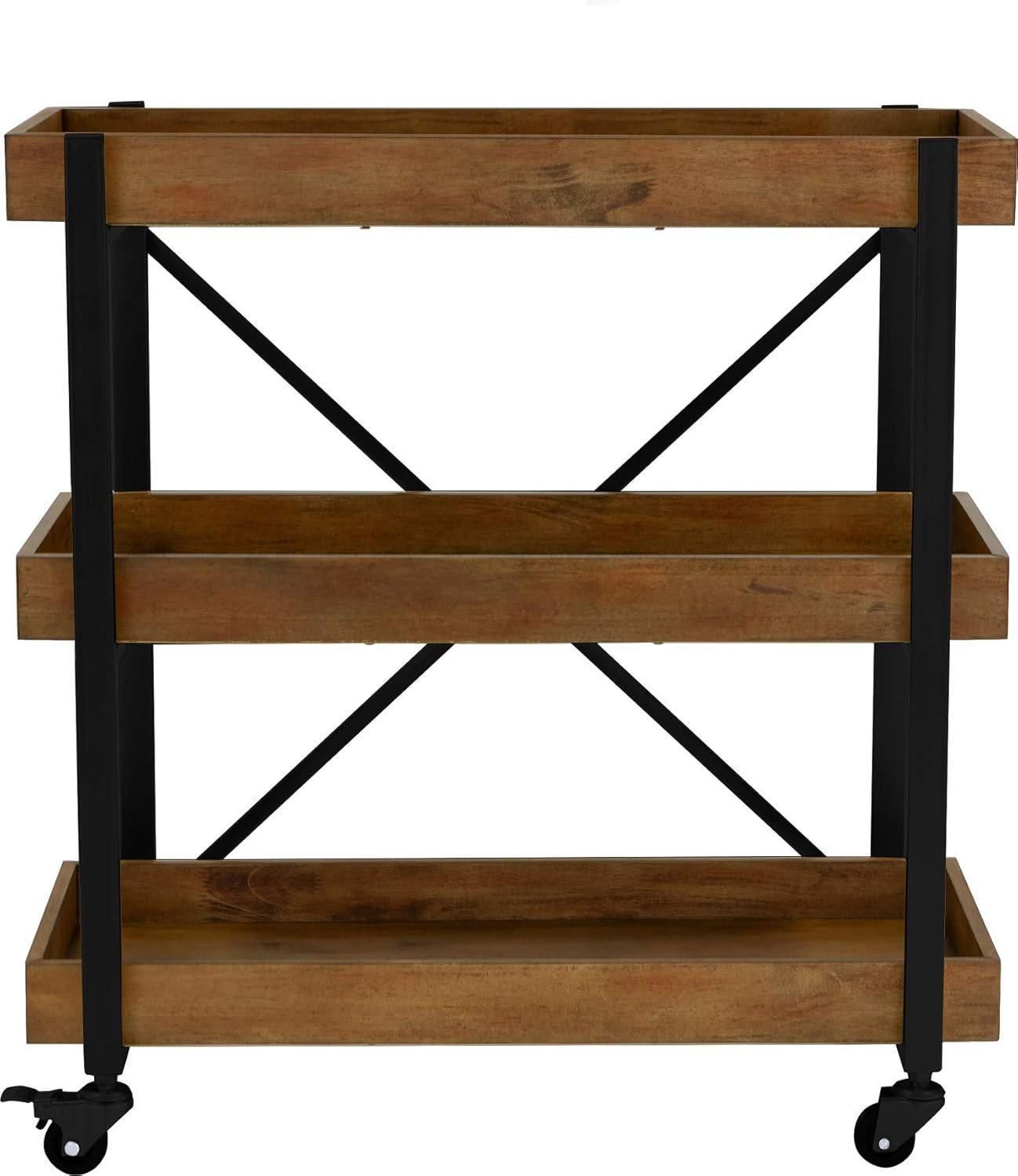 Riley Modern 3-Tier Rolling Bar Cart with Matte Black and Medium Brown Wood Finish