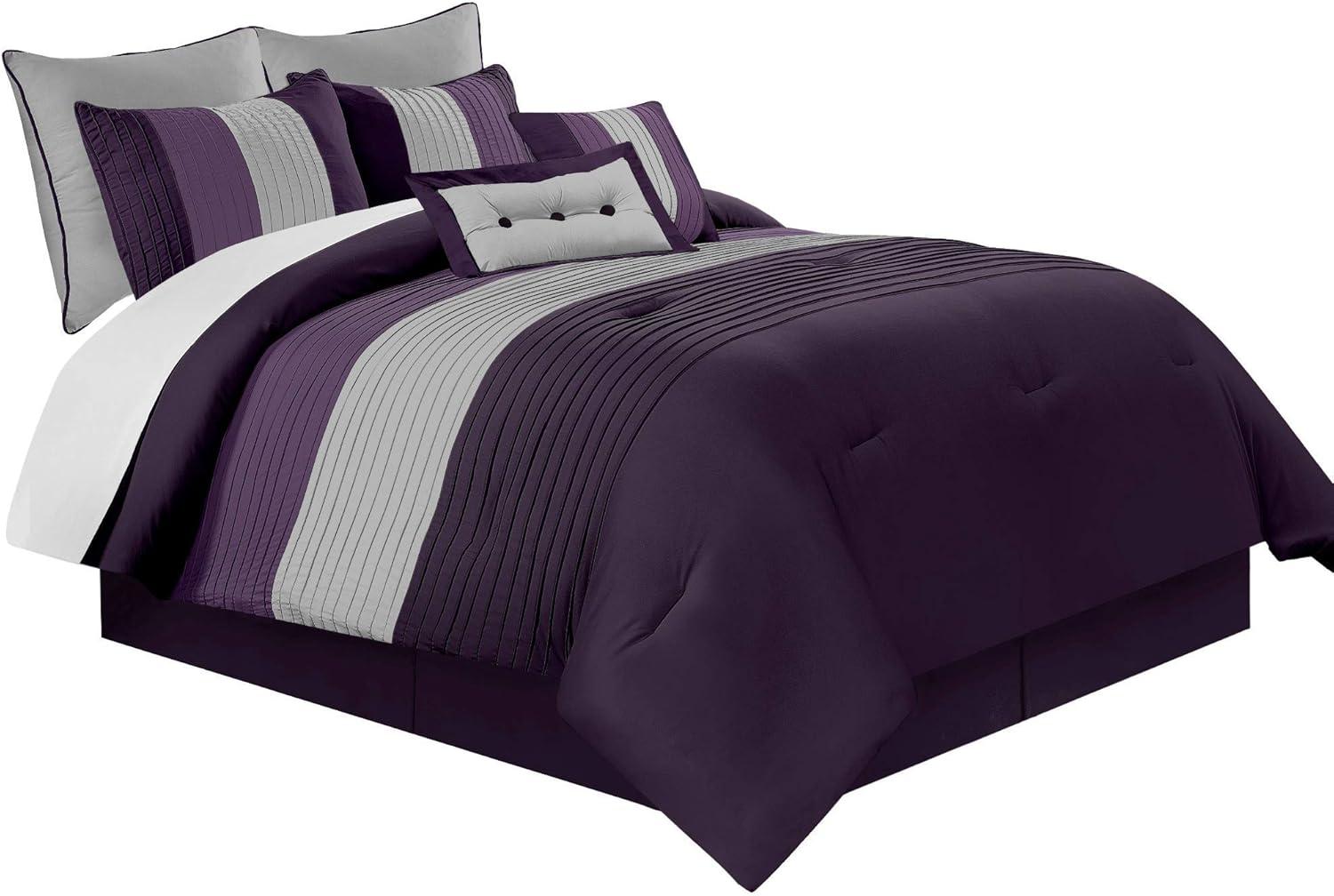 Queen Purple and Gray Striped Polyester Comforter Set