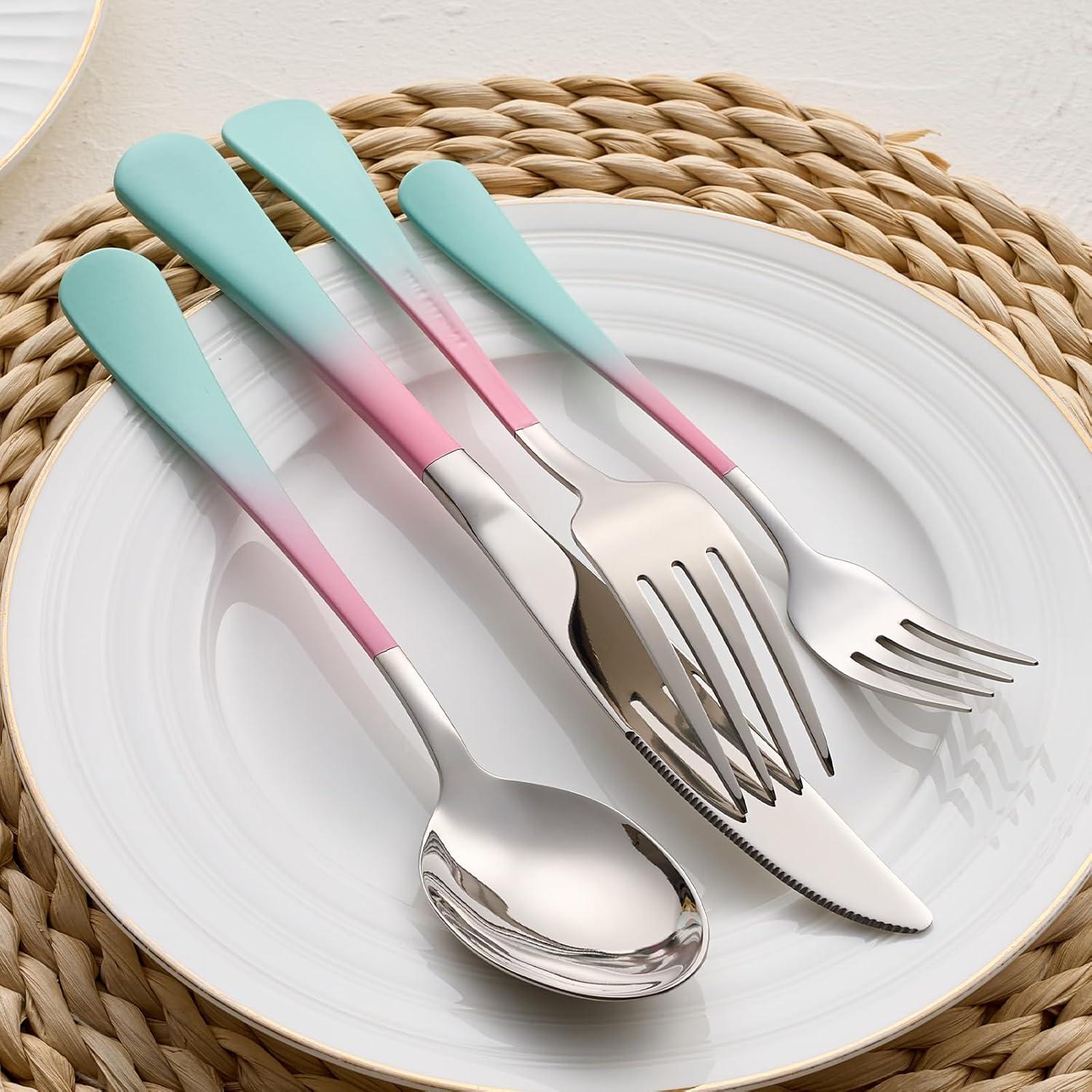 20-Pieces color Silverware Sets for 4,Pink and Green Handle Stainless Steel Cutlery Set, Include Forks Spoons and Knives Set, Dishwasher Safe Utensil Sets for Home Restaurant