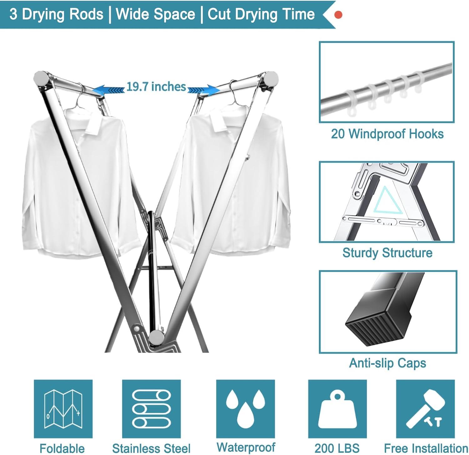 JAUREE 79-Inch Stainless Steel Foldable Clothes Drying Rack