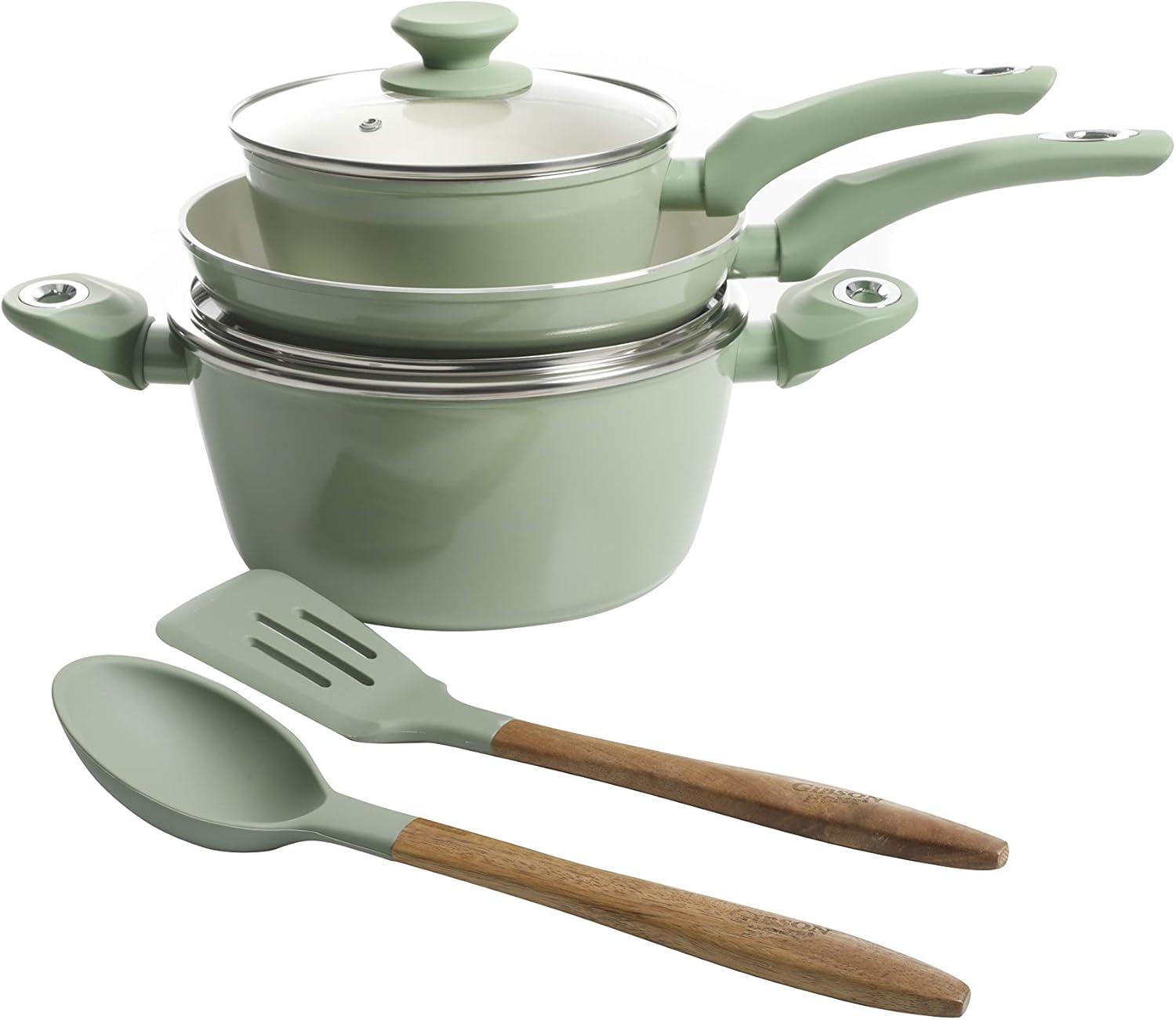 Gibson  Plaze Cafe Non-Stick Aluminium Cookware Set, Mint Green - 7 Piece