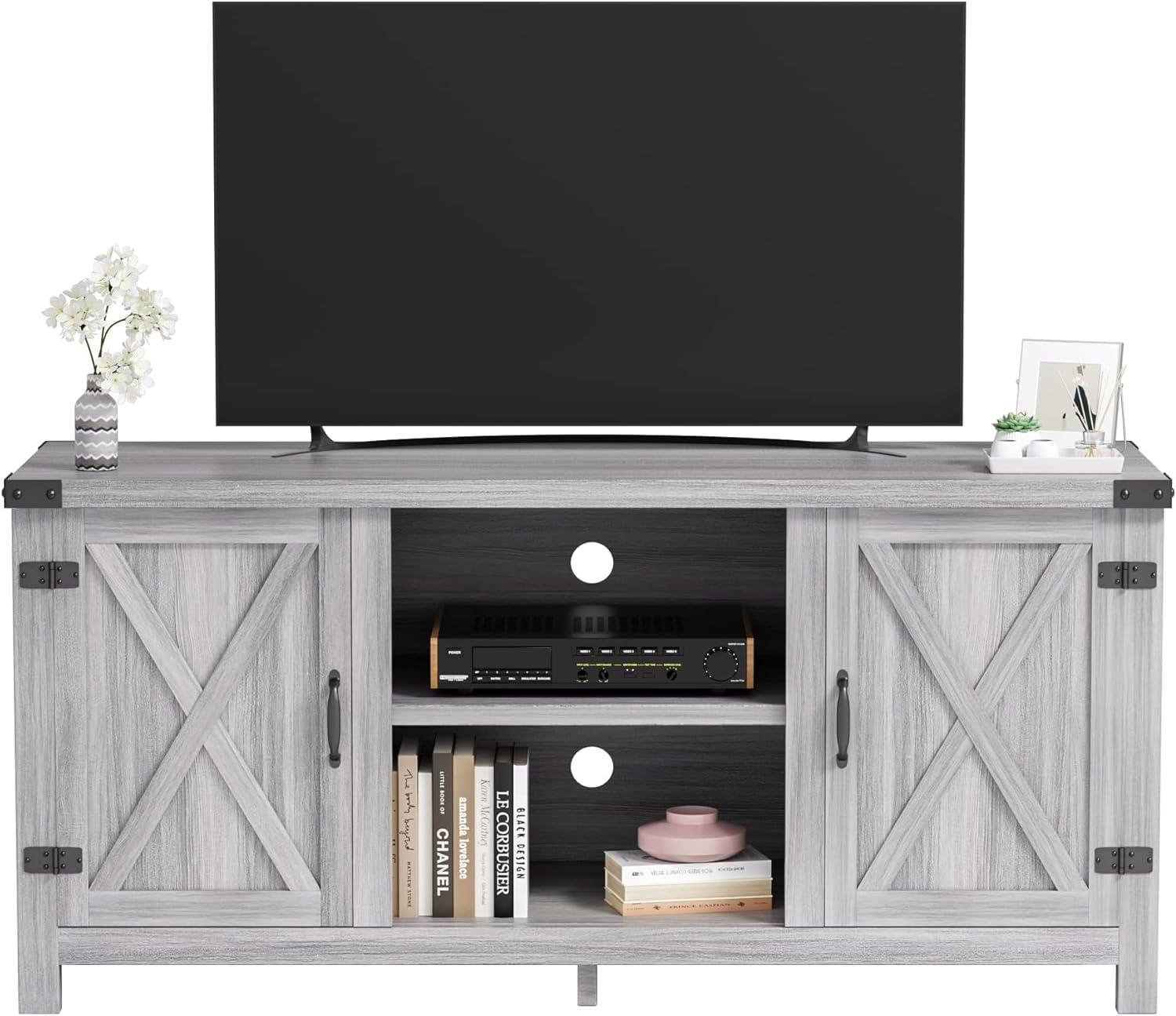 Gray Wash Barn Door TV Stand with Storage Cabinets