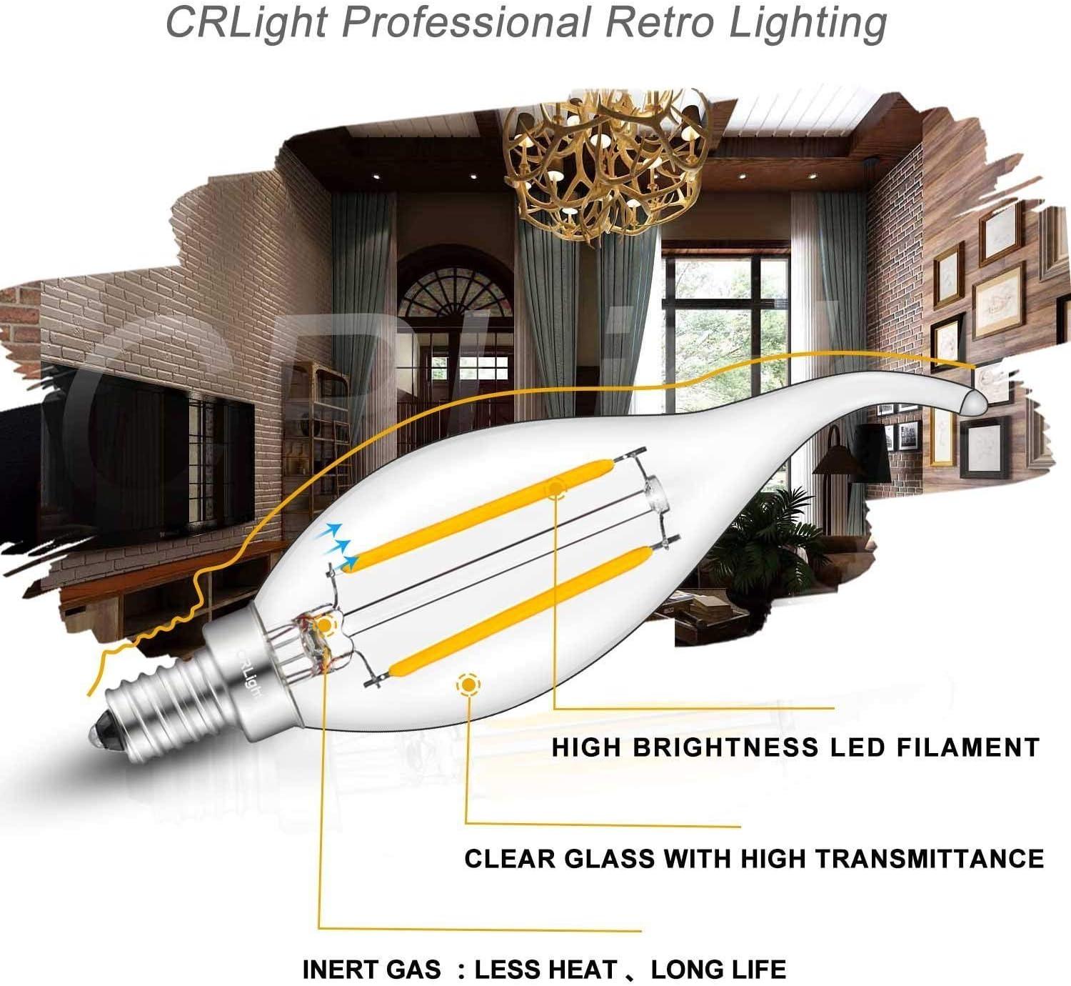 CRLight ETL Listed 2W Dimmable LED Candelabra Bulb 2700K Warm White, 250LM 25W Incandescent Equivalent, E12 Chandelier Candle Bulbs, C35 Clear Flame Shape Bent Tip, 360 Degrees Beam Angle, 10 Pack