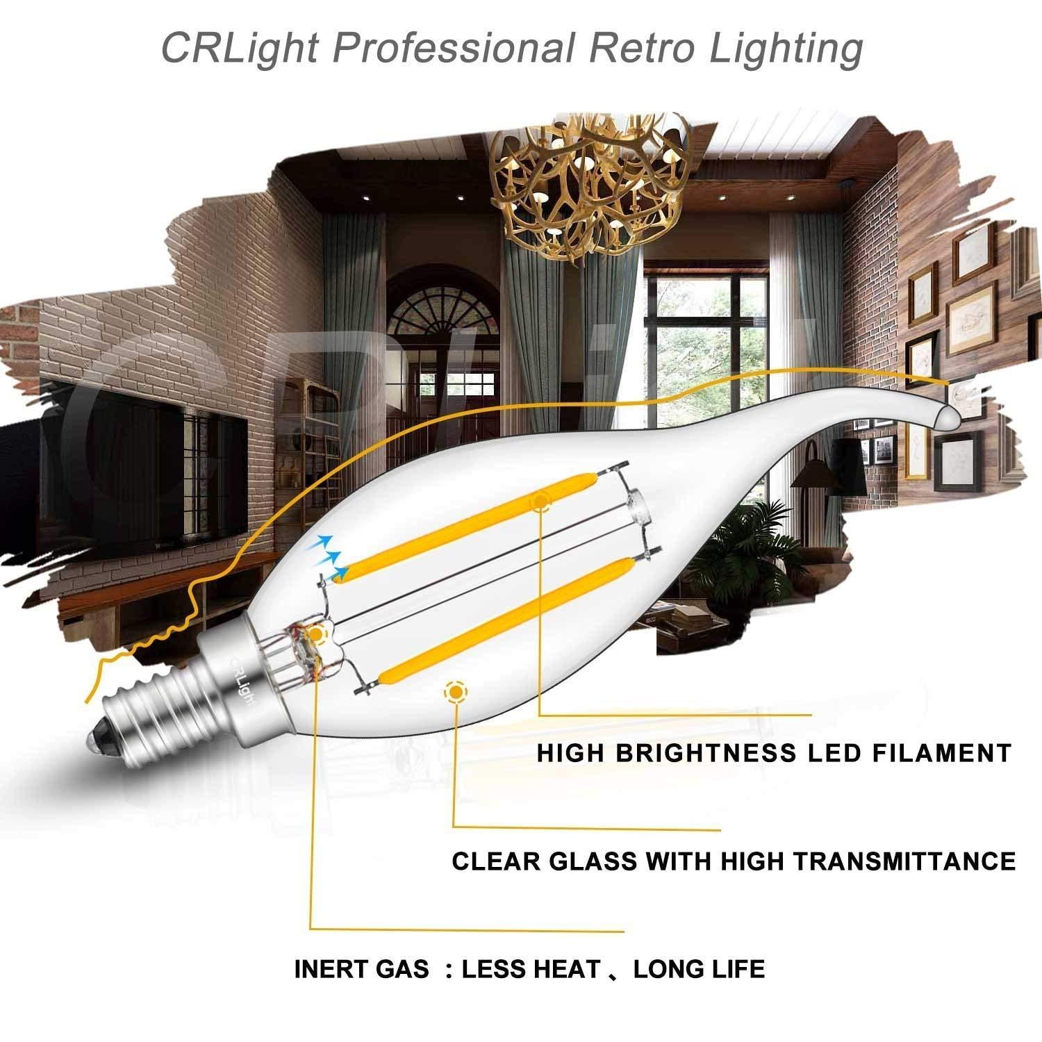 CRLight ETL Listed 2W Dimmable LED Candelabra Bulb 2700K Warm White, 250LM 25W Incandescent Equivalent, E12 Chandelier Candle Bulbs, C35 Clear Flame Shape Bent Tip, 360 Degrees Beam Angle, 10 Pack