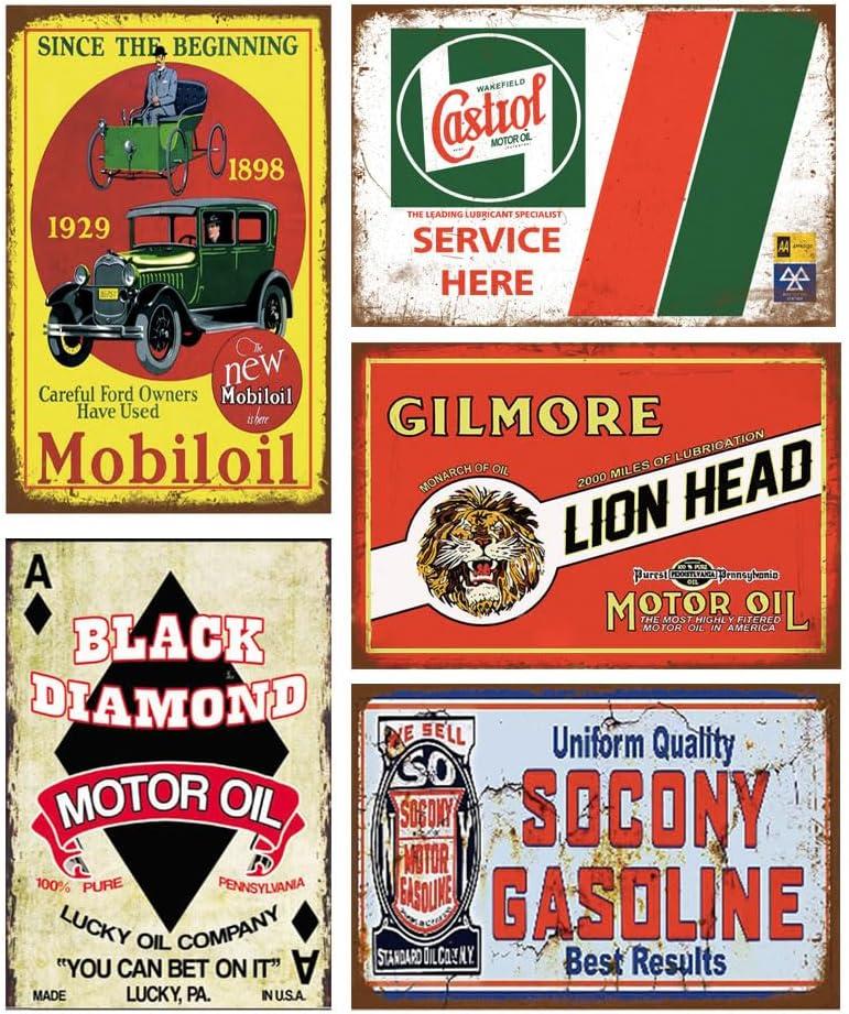 Reproduced Vintage Tin Sign Pack, Gas Oil Retro Advert Antique Metal Signs for Garage Man Cave Bar Kitchen, Nostalgic Car Decor, 8x12 Inch (35 Pieces A)