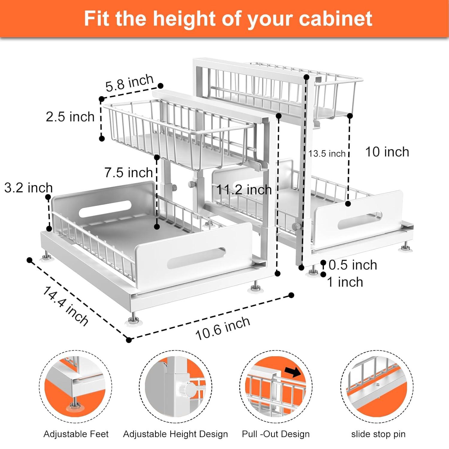 Delamu 2 Pack Under Sink Organizer and Storage, 2 Tier Pull Out Cabinet Organizer, Slide Out Under Sink Storage Shelf for Kitchen Bathroom, White