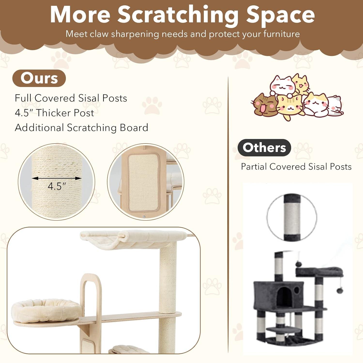 Tangkula Wood Cat Tree for Indoor Cats, 55 Inch Multi-Level Cat Tower Activity Center with Hammock, Cat Condo, Sisal Scratching Posts & Washable Cushions, Modern Cat Tree Houses for Large Cats