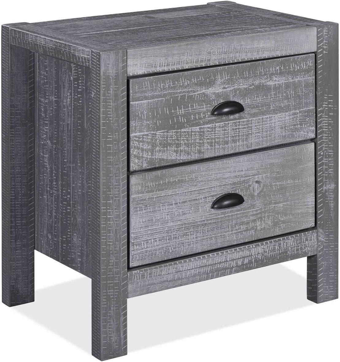 Rustic Grey Pine Wood 2-Drawer Nightstand with Black Metal Handles