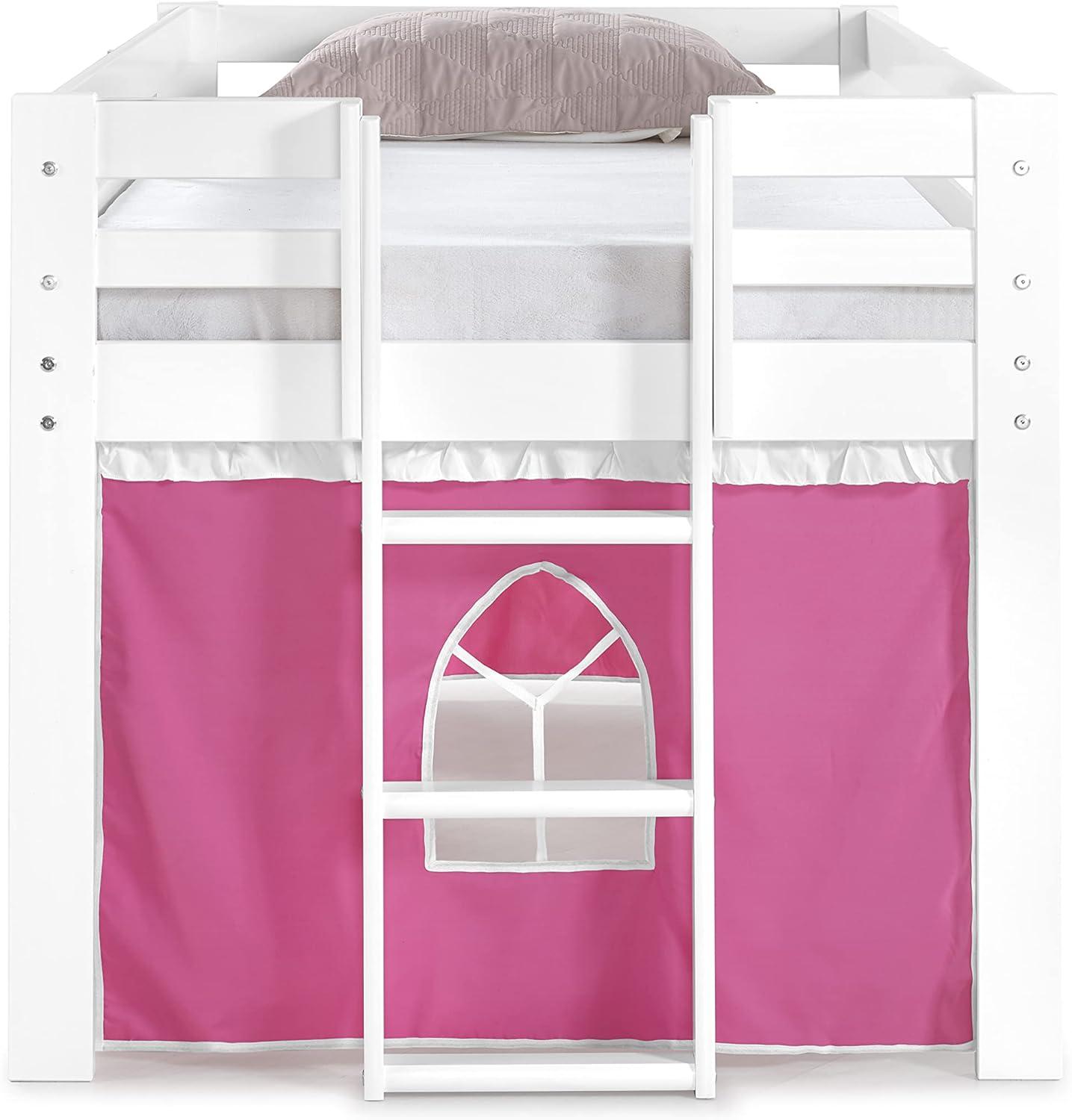 Alaterre Furniture Jasper Twin Junior Loft Bed, White Frame and Pink/White Bottom Playhouse Tent