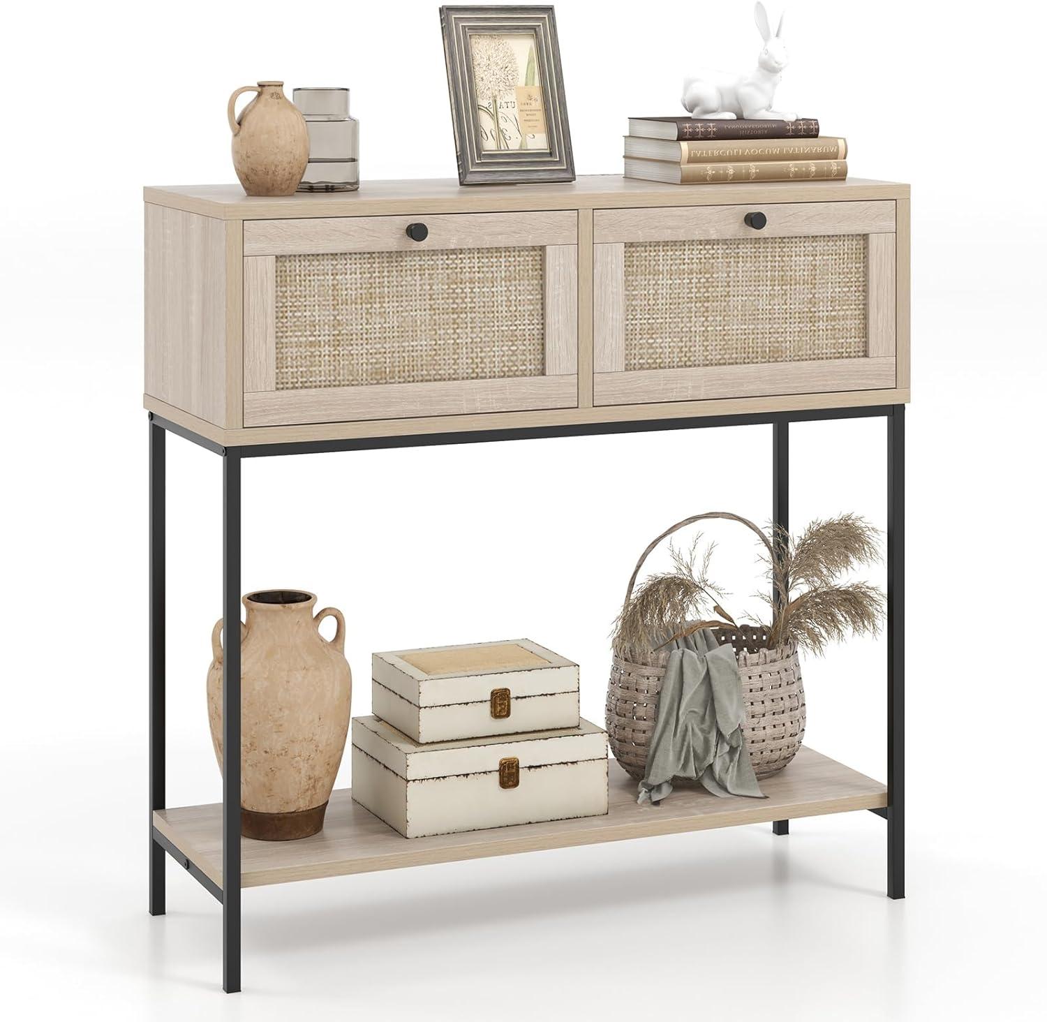 Spaco Rattan Console Table Boho Entryway Table with 2 Rattan Drawers and Open Storage Shelf-Oak, Entryway Table Hallway Table, Storage-Friendly Hallway Table for Foyer & Entry Spaces
