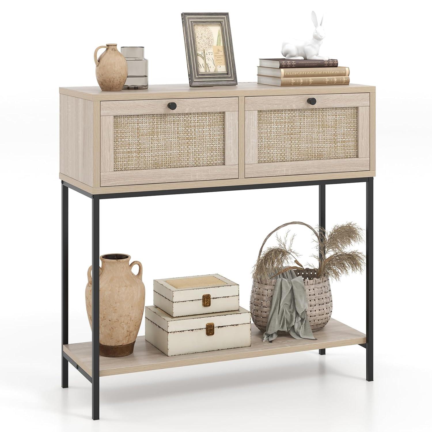 Spaco Rattan Console Table Boho Entryway Table with 2 Rattan Drawers and Open Storage Shelf-Oak, Entryway Table Hallway Table, Storage-Friendly Hallway Table for Foyer & Entry Spaces