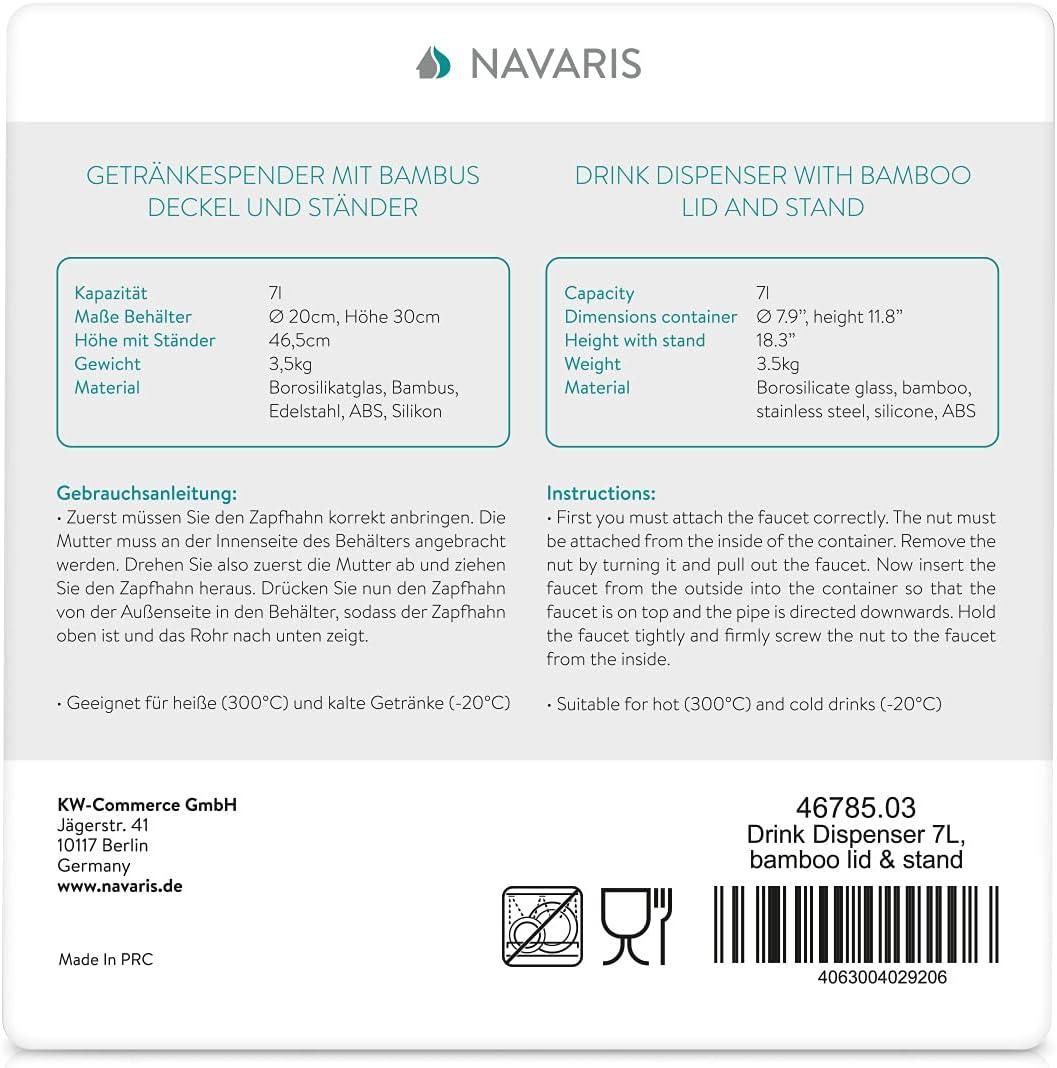 Navaris Beverage Dispenser with Stand - 1.8 Gallon (7L) Glass Drink Dispenser with Spigot, Lid, Wood Stand for Hot or Cold Drinks, Ice Water, Parties