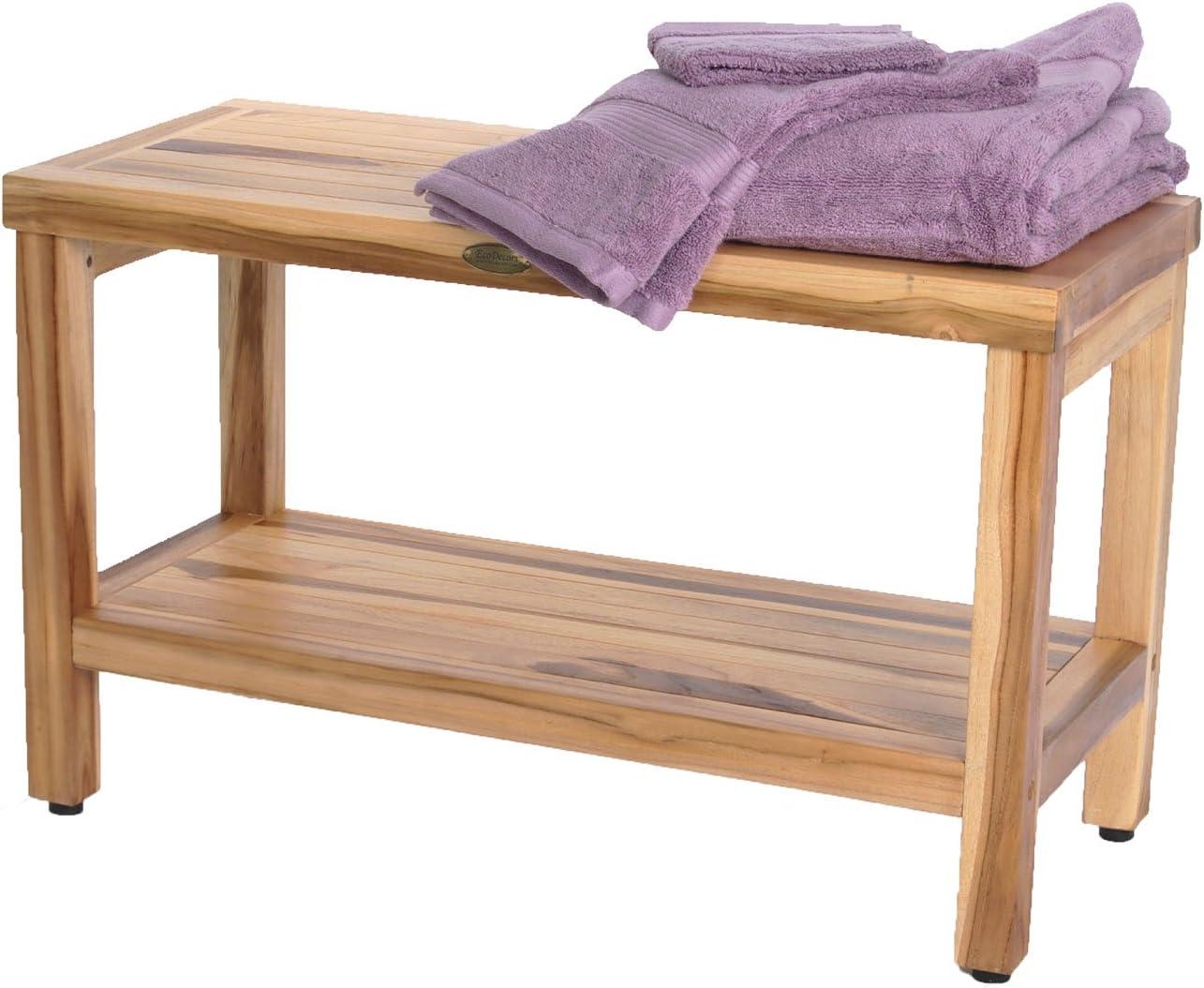 30" Eleganto ED1000 Wide Teak Shower Bench with Shelf - EcoDecors: Bathroom Stool, Rectangular, Water Resistant