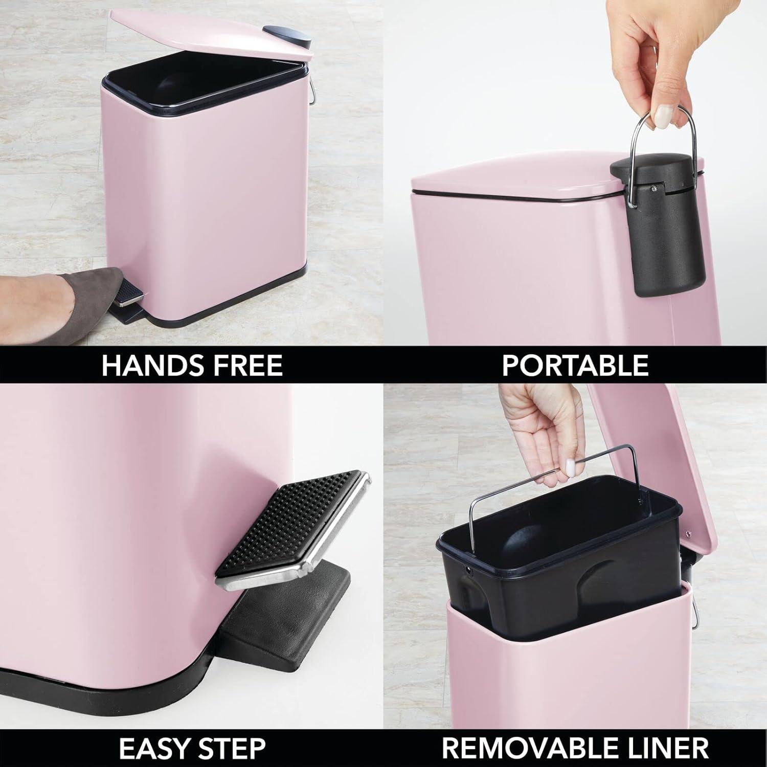 mDesign Slim Metal 1.3 Gallon Step Trash Can with Lid/Liner Bucket - Matte Blush