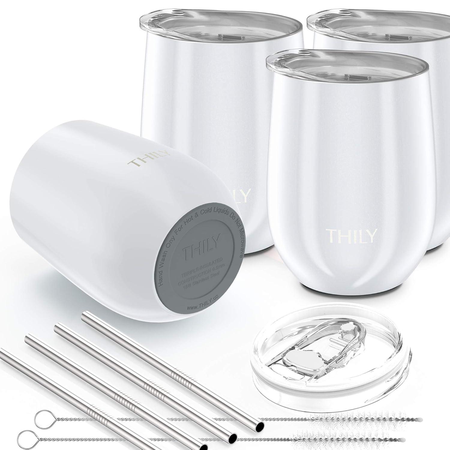 Stainless Steel Insulated Wine Tumbler - THILY 4 Pack Stemless Wine Glasses Set with Splash-proof Lids, Metal Straws, Reusable, Keep Cold for Coffee, Drinks, Cocktails, Christmas Gifts, Pearl White