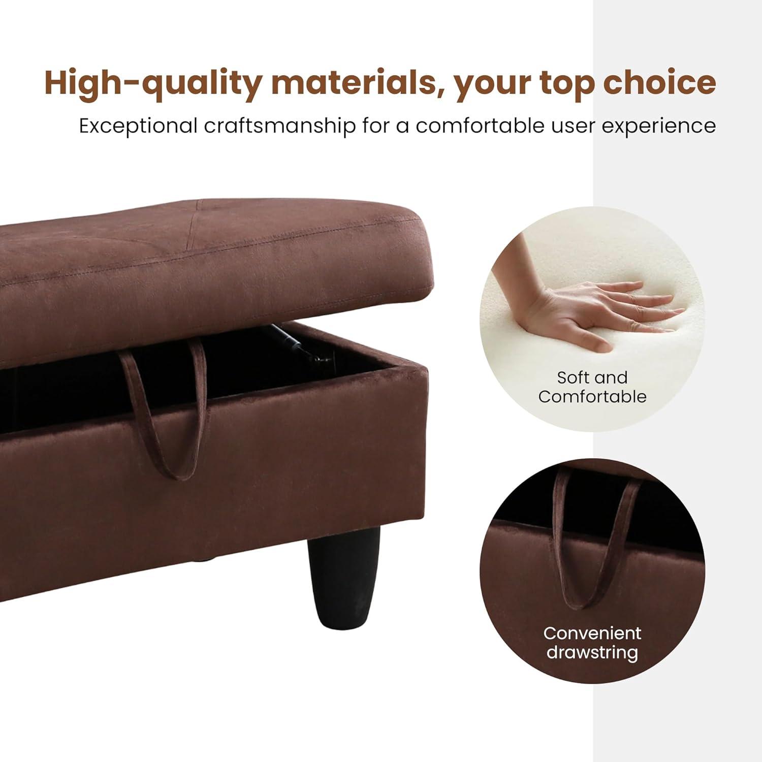 Chocolate Flannel Upholstered Storage Ottoman Bench with Legs