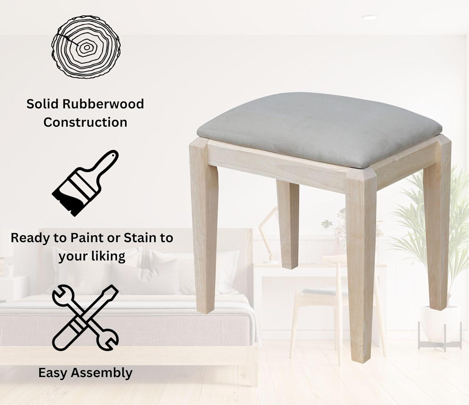 Eco-Friendly Unfinished Parawood Vanity Bench with Microfiber Seat