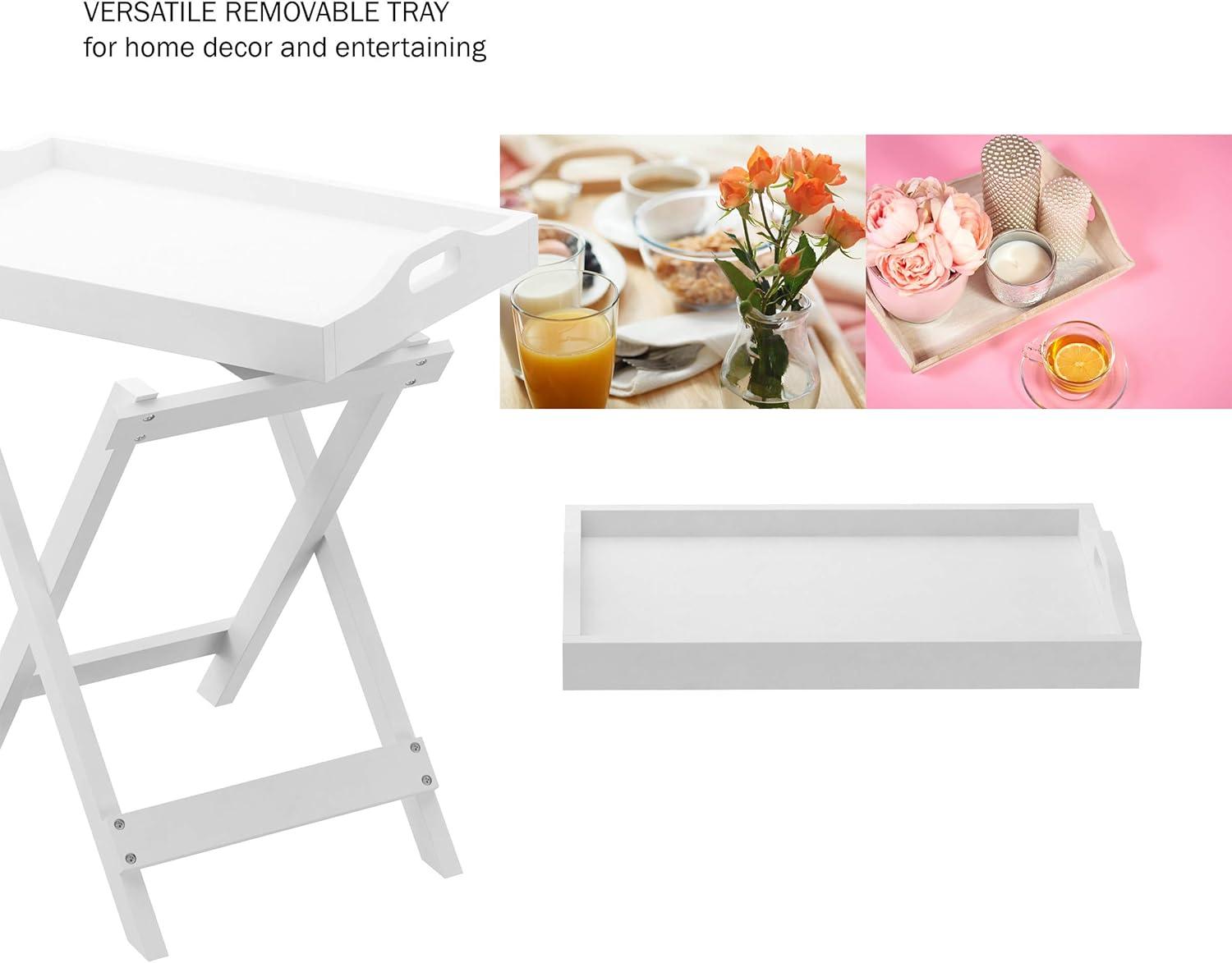 Elegant White Folding End Table with Removable Tray