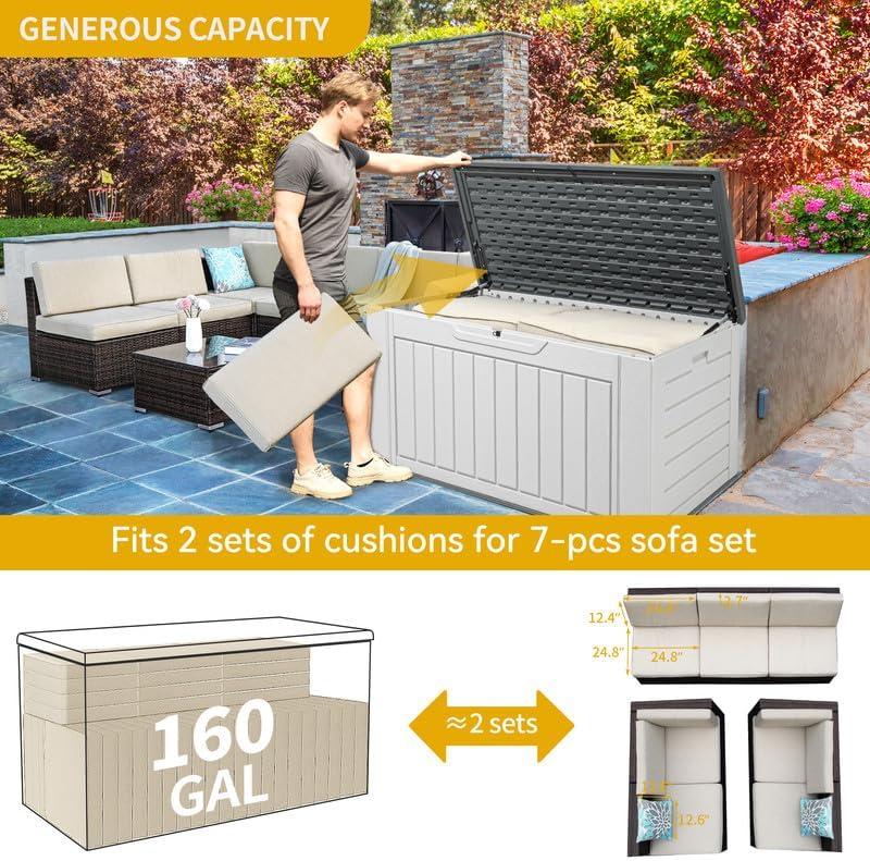 Dextrus XL 160 Gallon Large Deck Box, Waterproof Outdoor Storage Box for Patio Furniture Cushions, Garden Tools and Pool Supplies,Weather Resistant Resin, Lockable, Light Grey