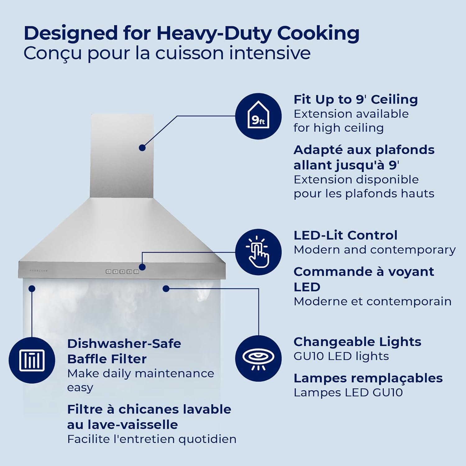 Hauslane 30" Stainless Steel Convertible Wall Range Hood with Baffle Filter