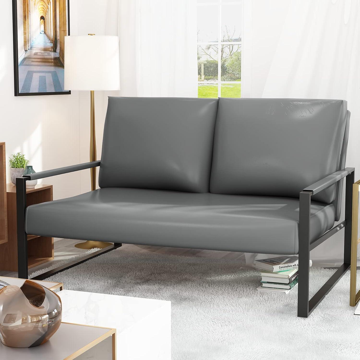 Grey Faux Leather Mid-Century Modern Loveseat with Metal Frame