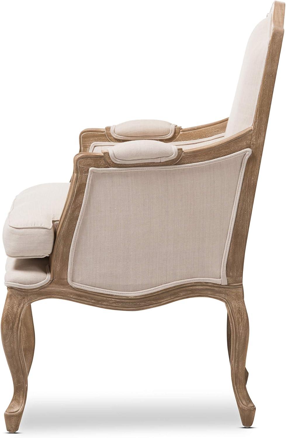 Beige Linen and Distressed Wood French Accent Chair