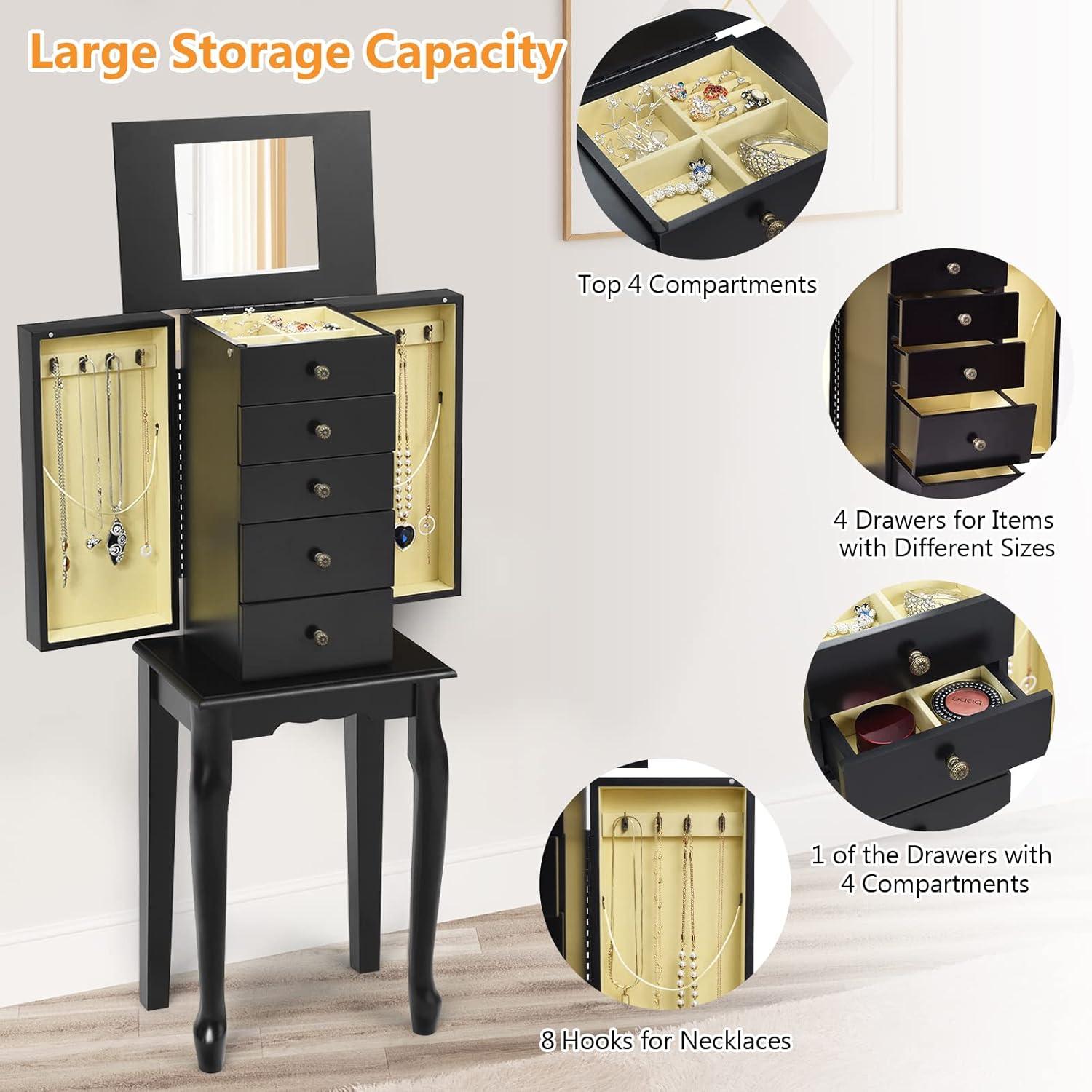Giantex Jewelry Cabinet Armoire with Top Mirror, 5 Drawers, 2 Swing Doors, Wooden Jewelry Treasure Storage Chest with Large Storage, Standing Jewelry Organizer (Black)