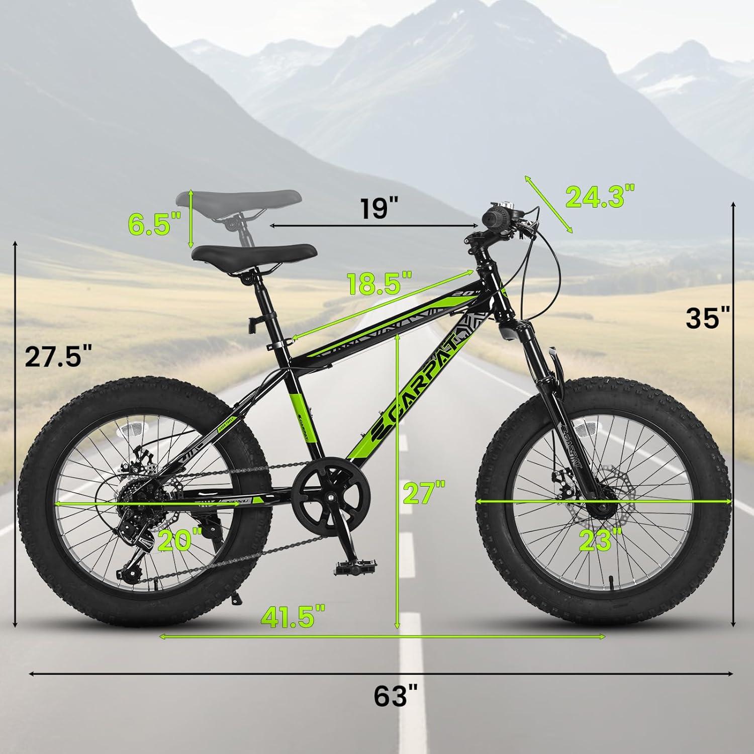 Mountain Bike 20 inch Wheels Fat Tire Bike,4" Wide Fat Tire Snow Mountain Bike ,7 Speed Teenager Children Kids' Bicycles
