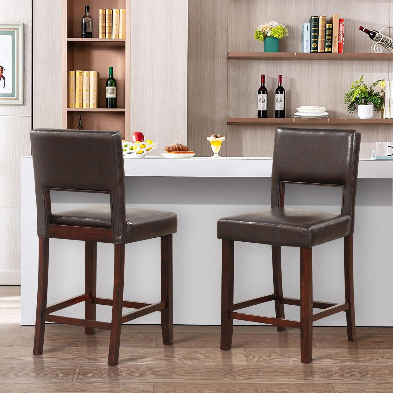 Canddidliike 2 Piece Bar Chair Set with Hollowed Back and Rubber Wood Legs-Brown, Bar Height Stools, Barstools for Kitchen, Dining Room