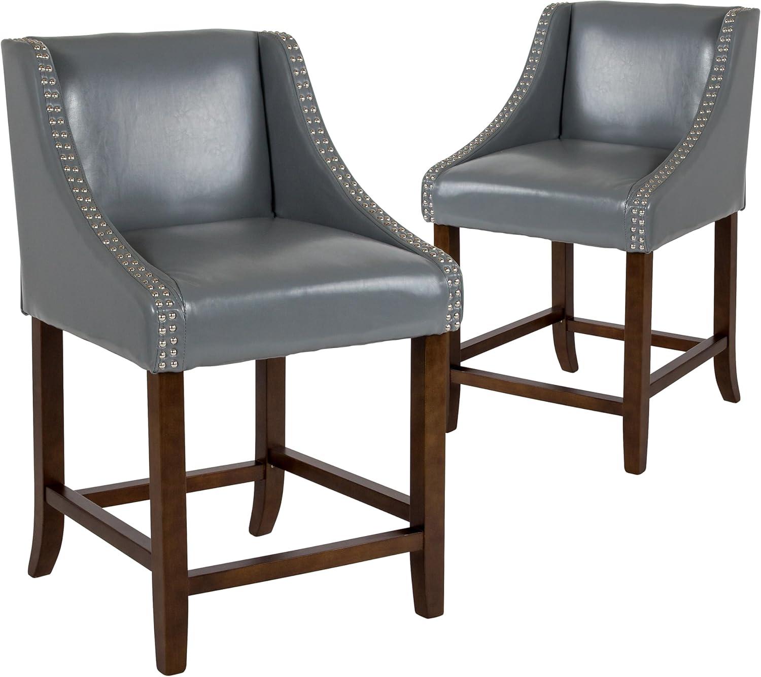 Flash Furniture Carmel Series 24" High Transitional Walnut Counter Height Stool with Nail Trim in Light Gray LeatherSoft, Set of 2