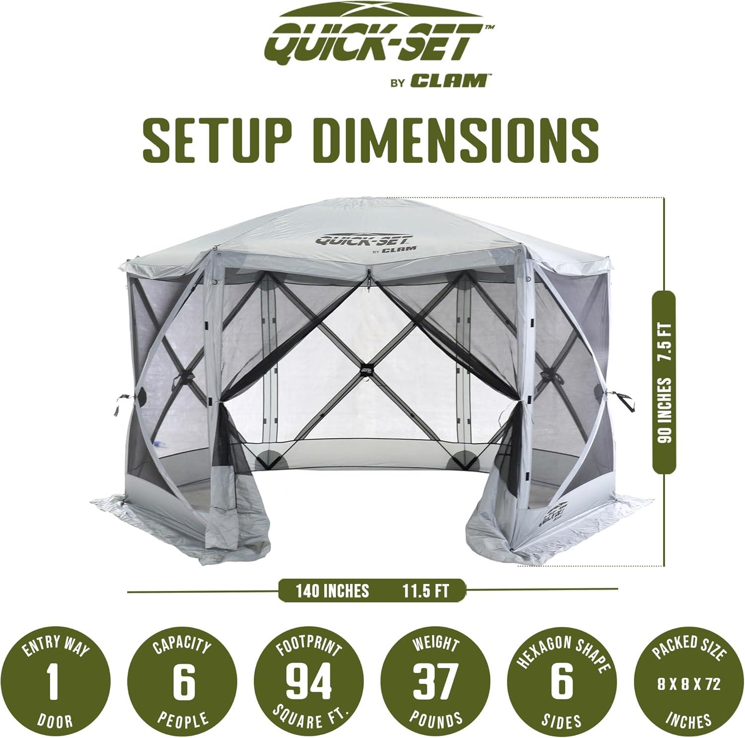 CLAM Quick-Set Escape 11.5 x 11.5 Ft Portable Pop-Up Outdoor Camping Screen Tent 6-Sided Canopy Shelter w/ Netting, Ground Stakes, & Carry Bag, Gray